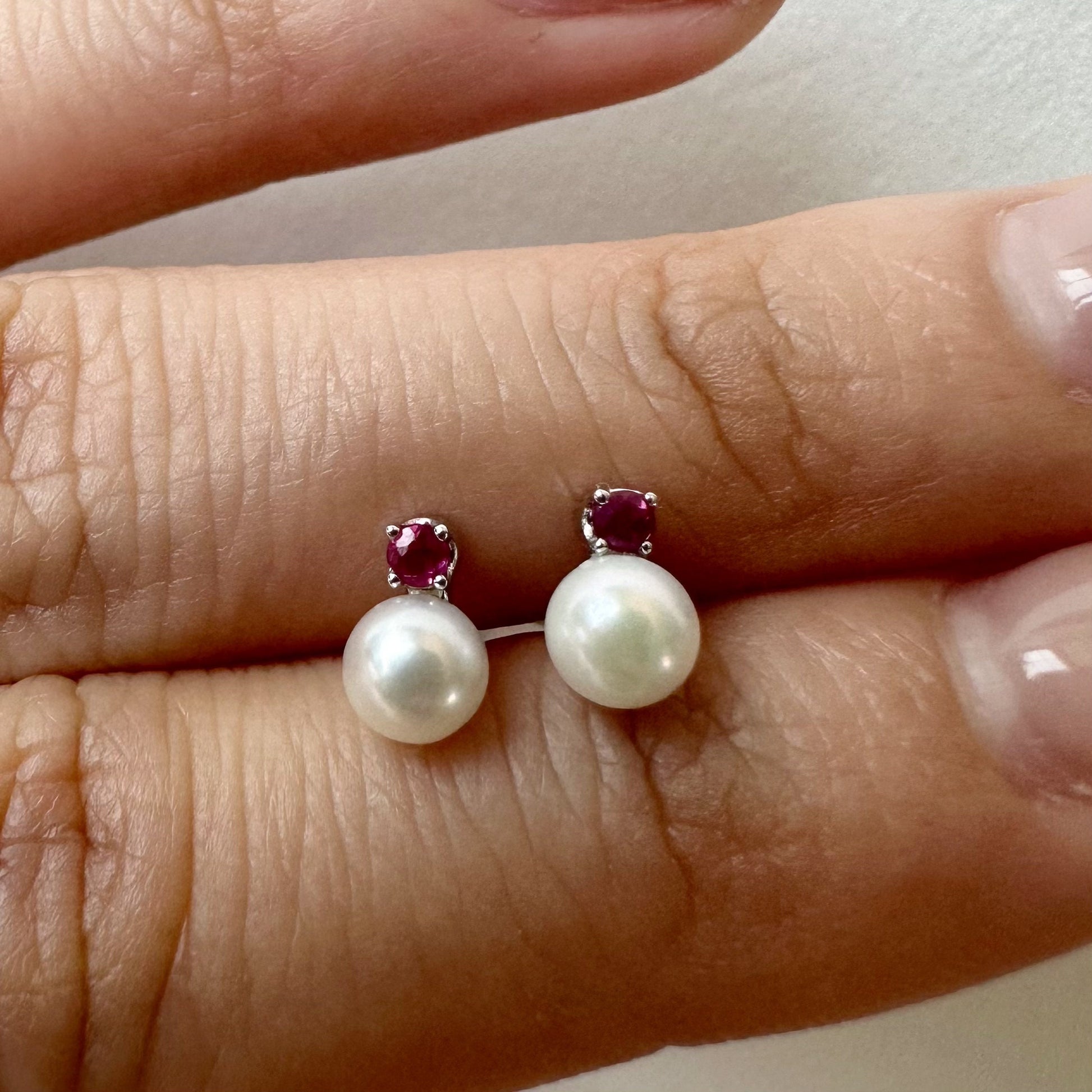 14K Solid Gold Genuine Akoya Pearl and Ruby Studs/Pair