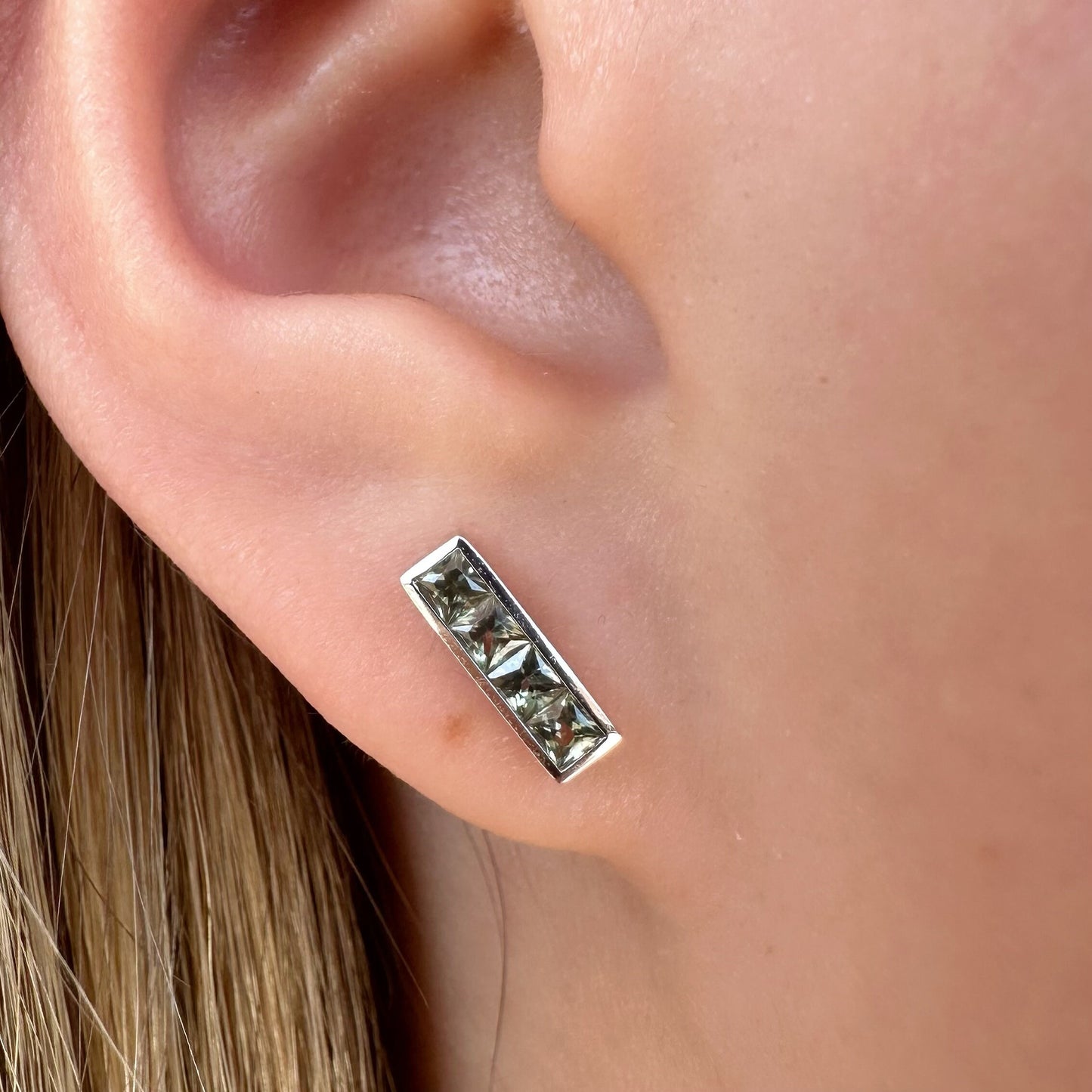 14K Solid Gold Genuine Green Sapphire Bezel Bar Studs/Pair