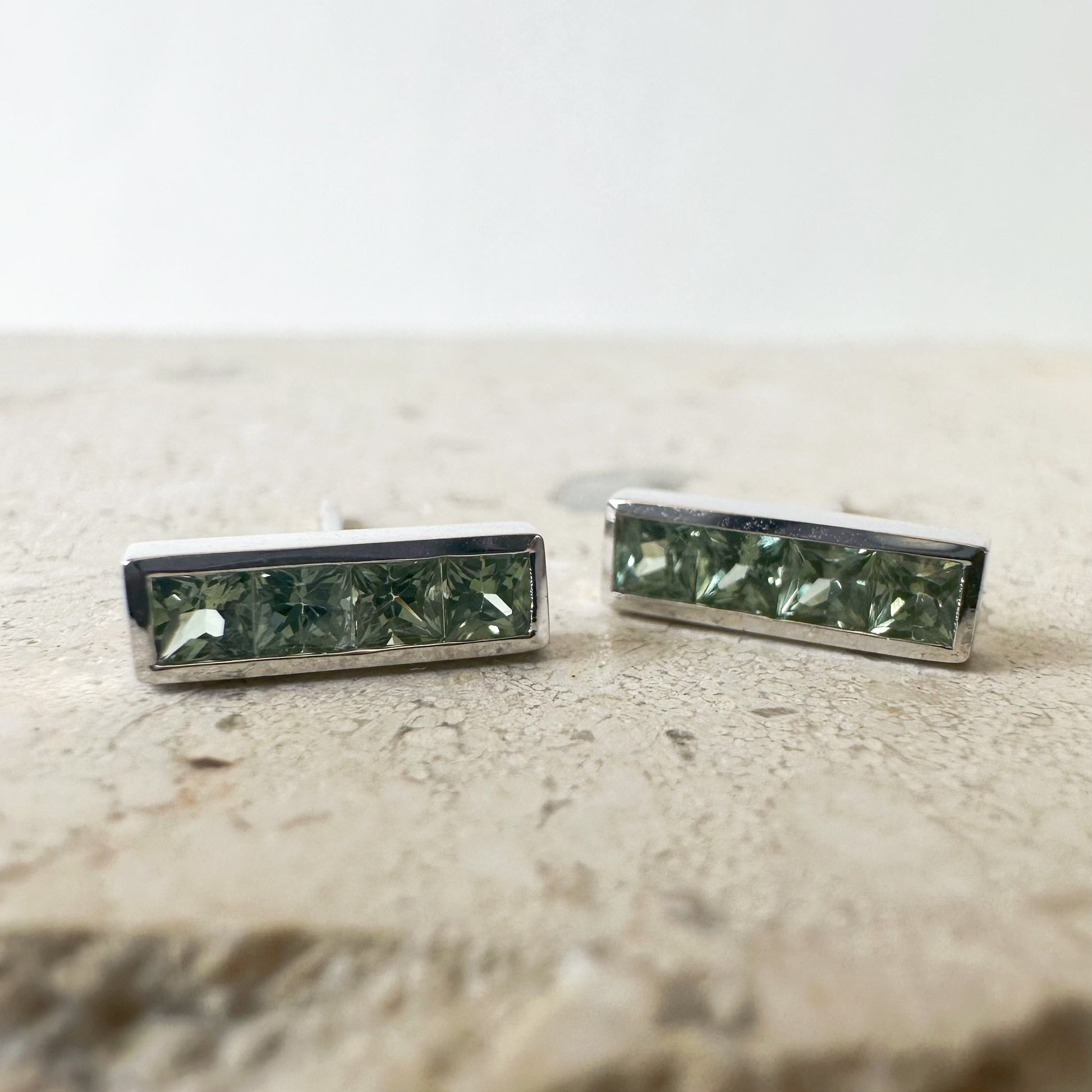 14K Solid Gold Genuine Green Sapphire Bezel Bar Studs/Pair
