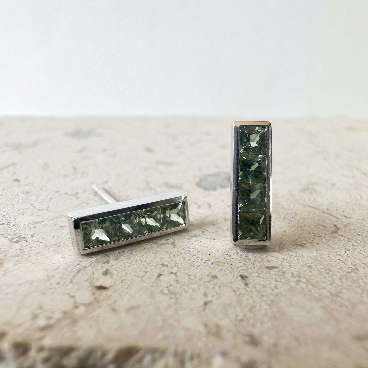 14K Solid Gold Genuine Green Sapphire Bezel Bar Studs/Pair