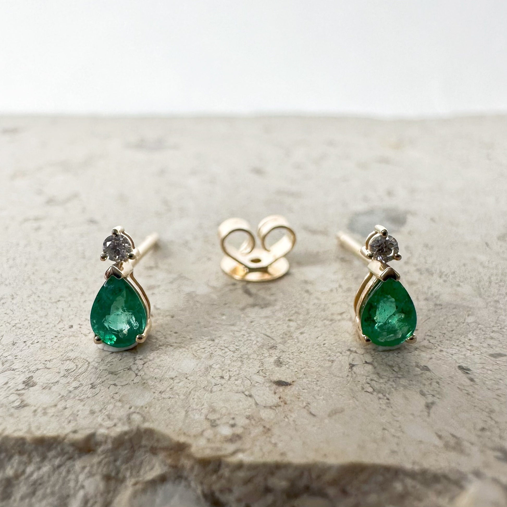 14K Solid Gold Genuine Emerald and Diamond Teardrop Studs/Pair