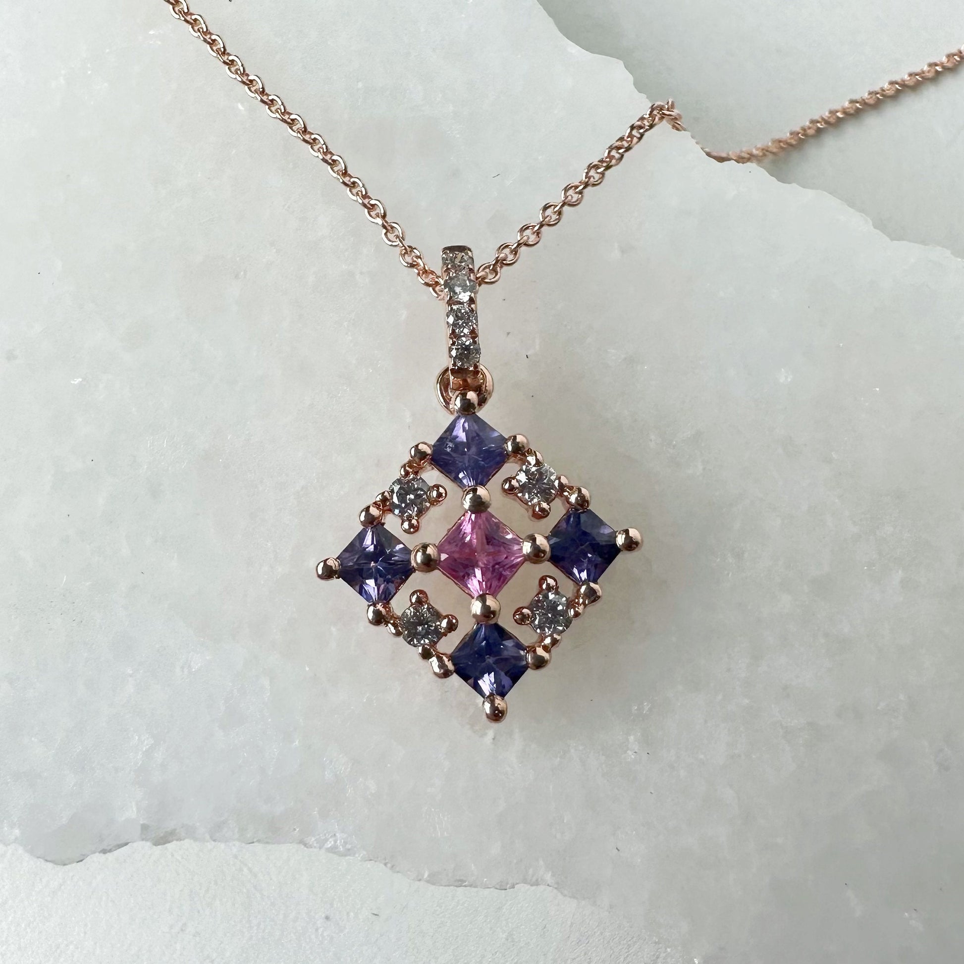 14K Solid Gold Genuine Color Sapphire and Diamond Tetris Pendant
