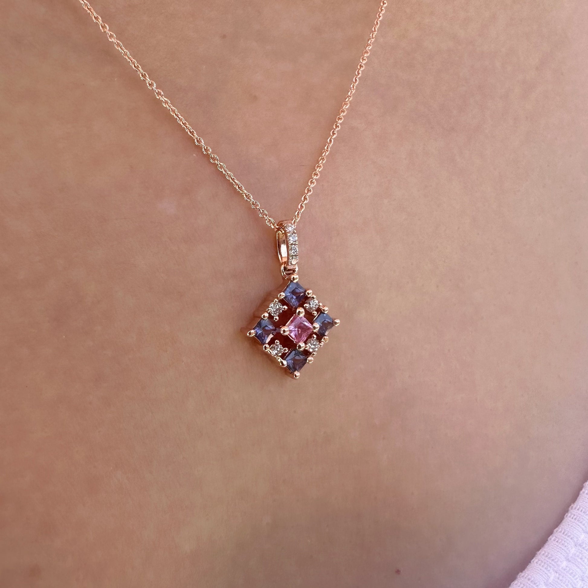 14K Solid Gold Genuine Color Sapphire and Diamond Tetris Pendant