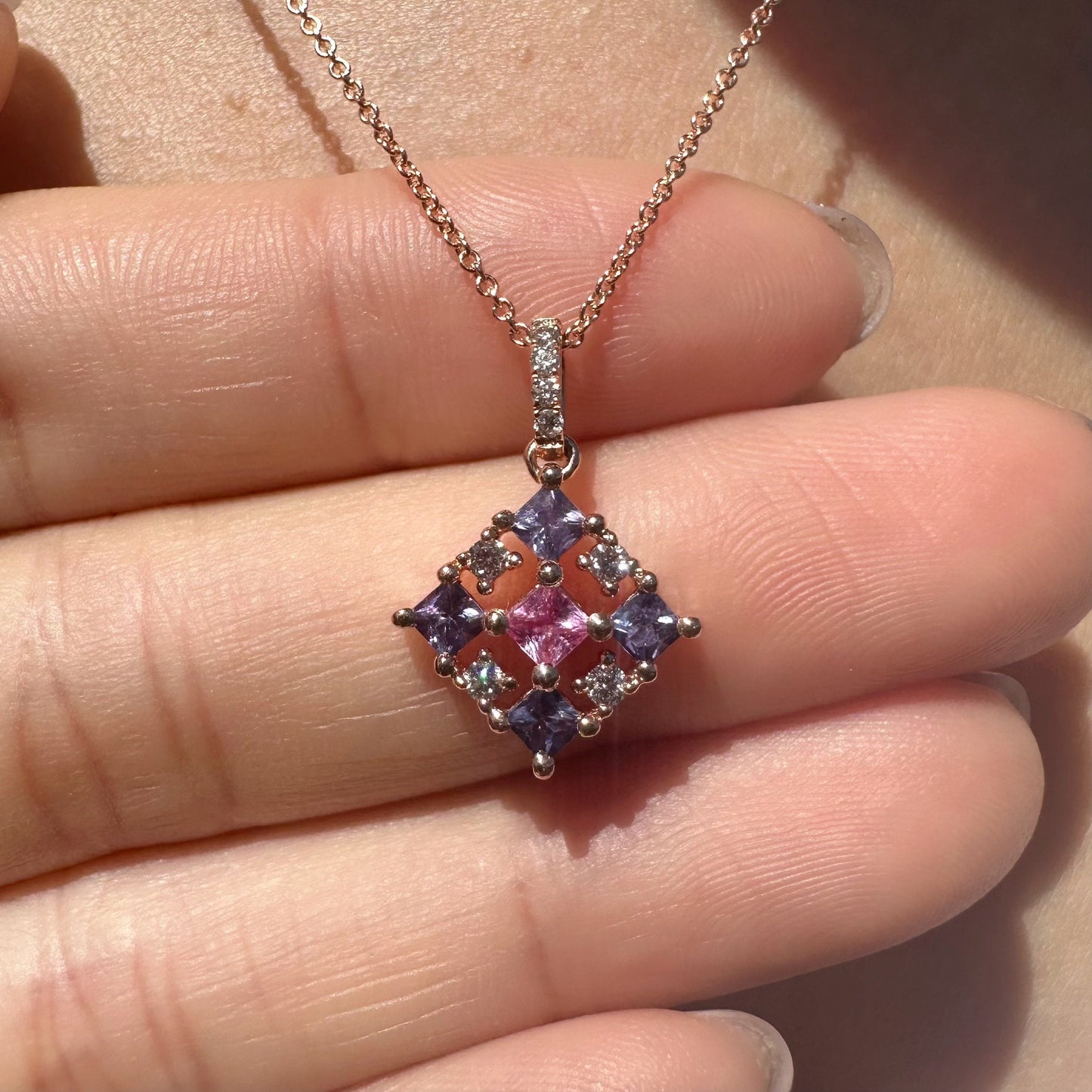 14K Solid Gold Genuine Color Sapphire and Diamond Tetris Pendant