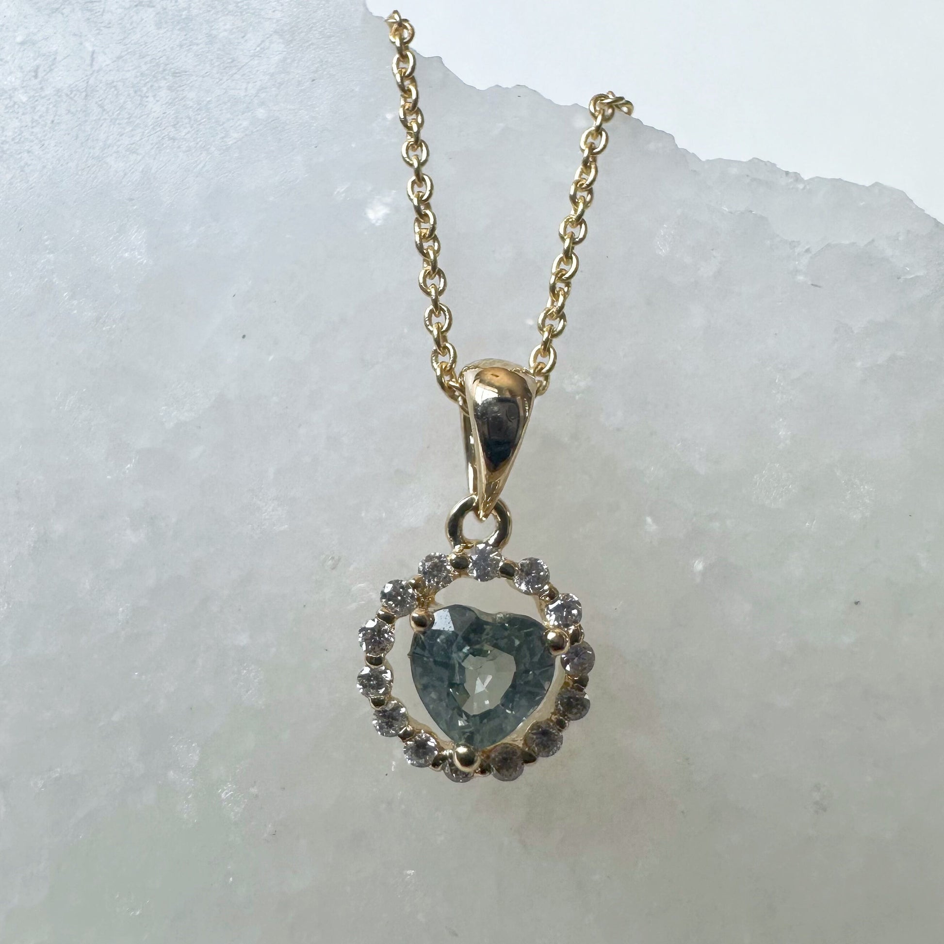14K Solid Gold Green Sapphire Diamond Pendant