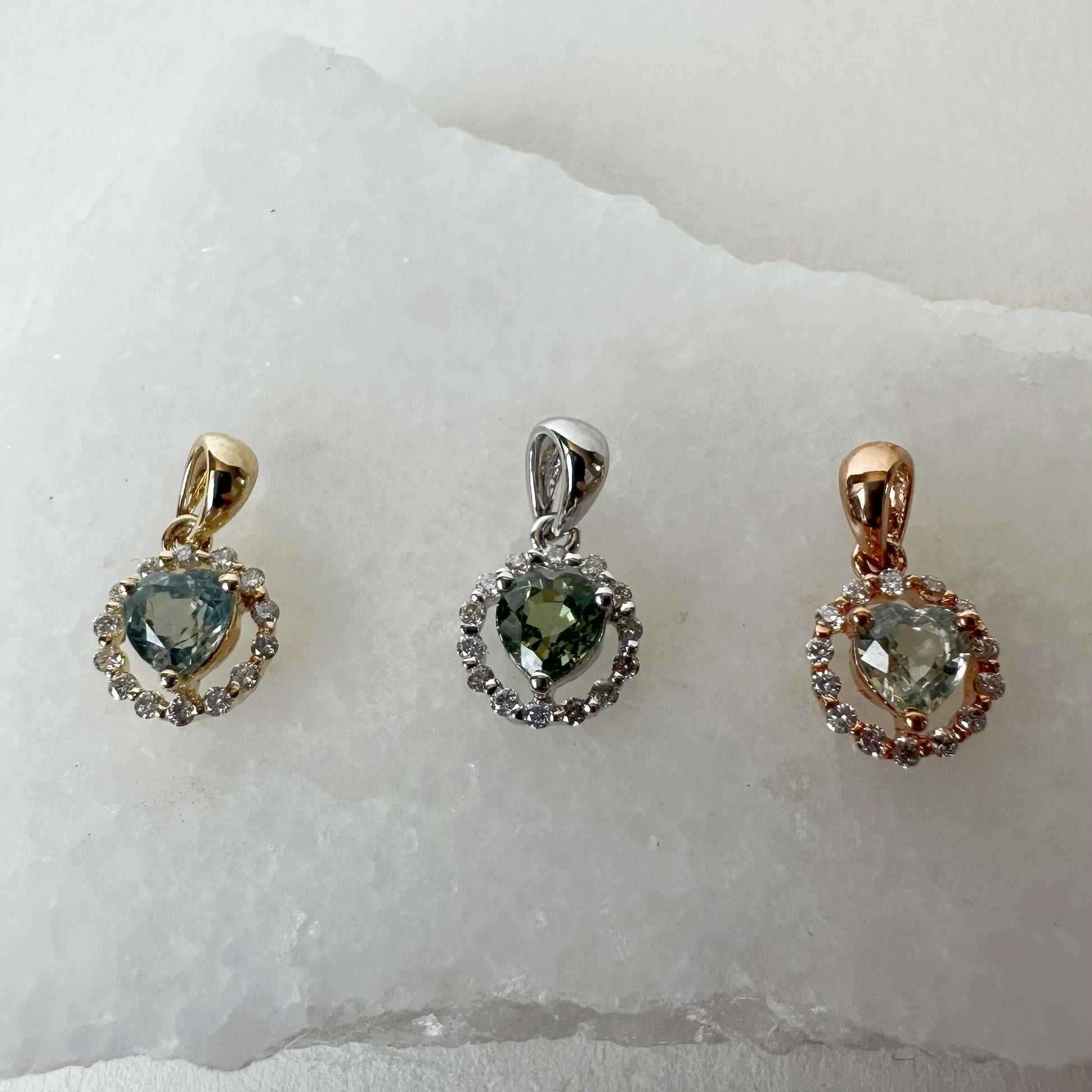 18K Solid White Gold Green Sapphire Diamond Pendant (Pendant Only)