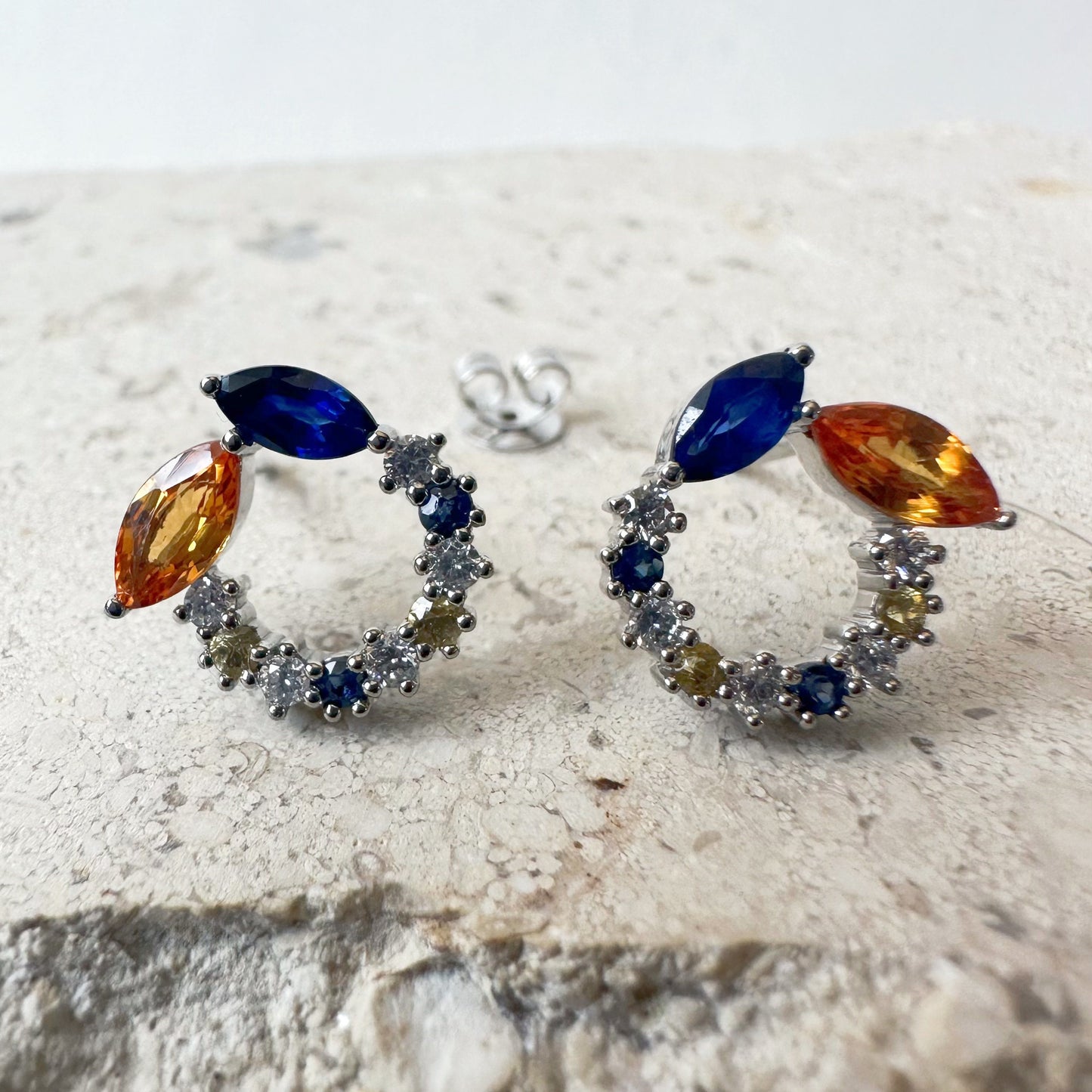 14K Solid Gold Genuine Color Sapphire and Diamond Halo Studs/Pair