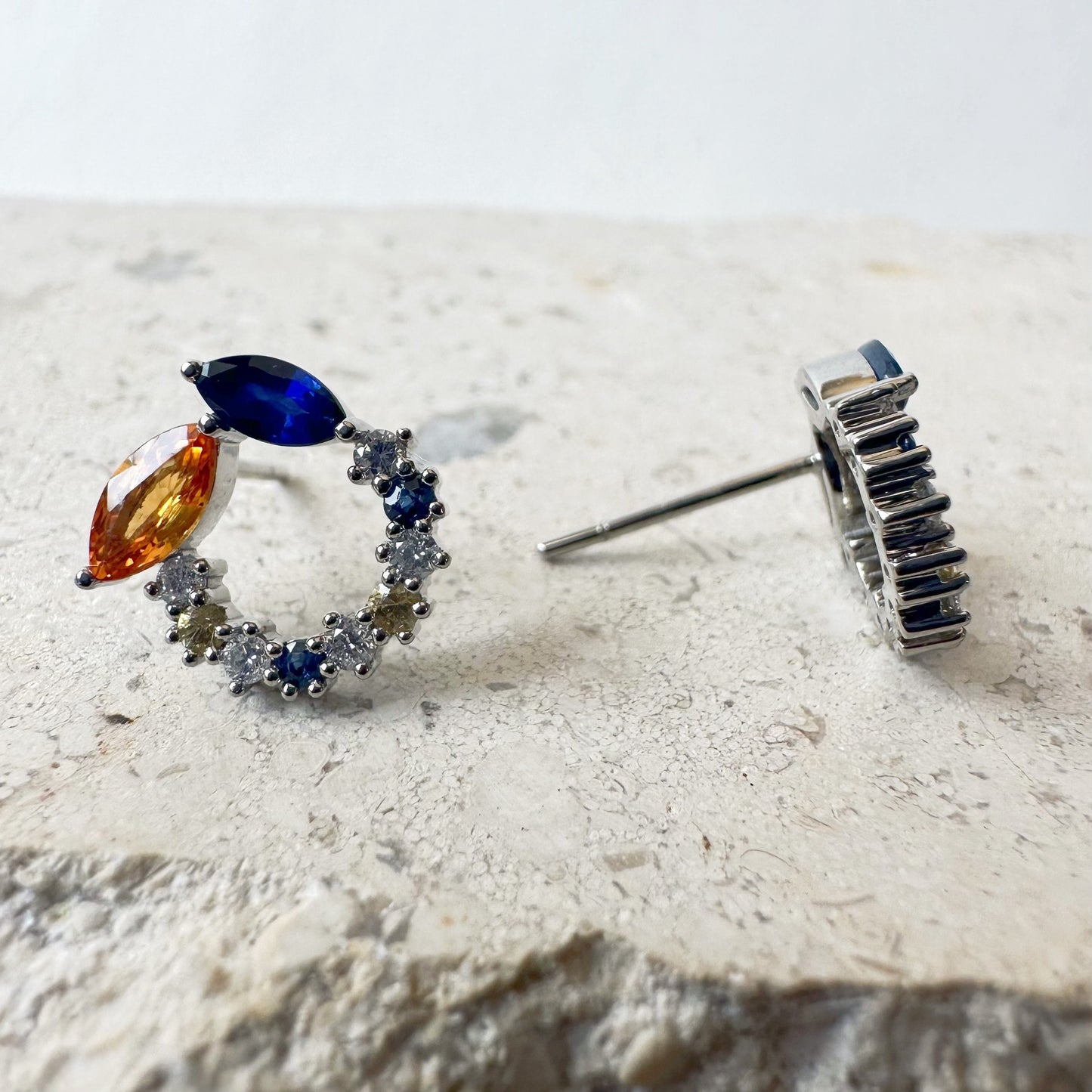 14K Solid Gold Genuine Color Sapphire and Diamond Halo Studs/Pair