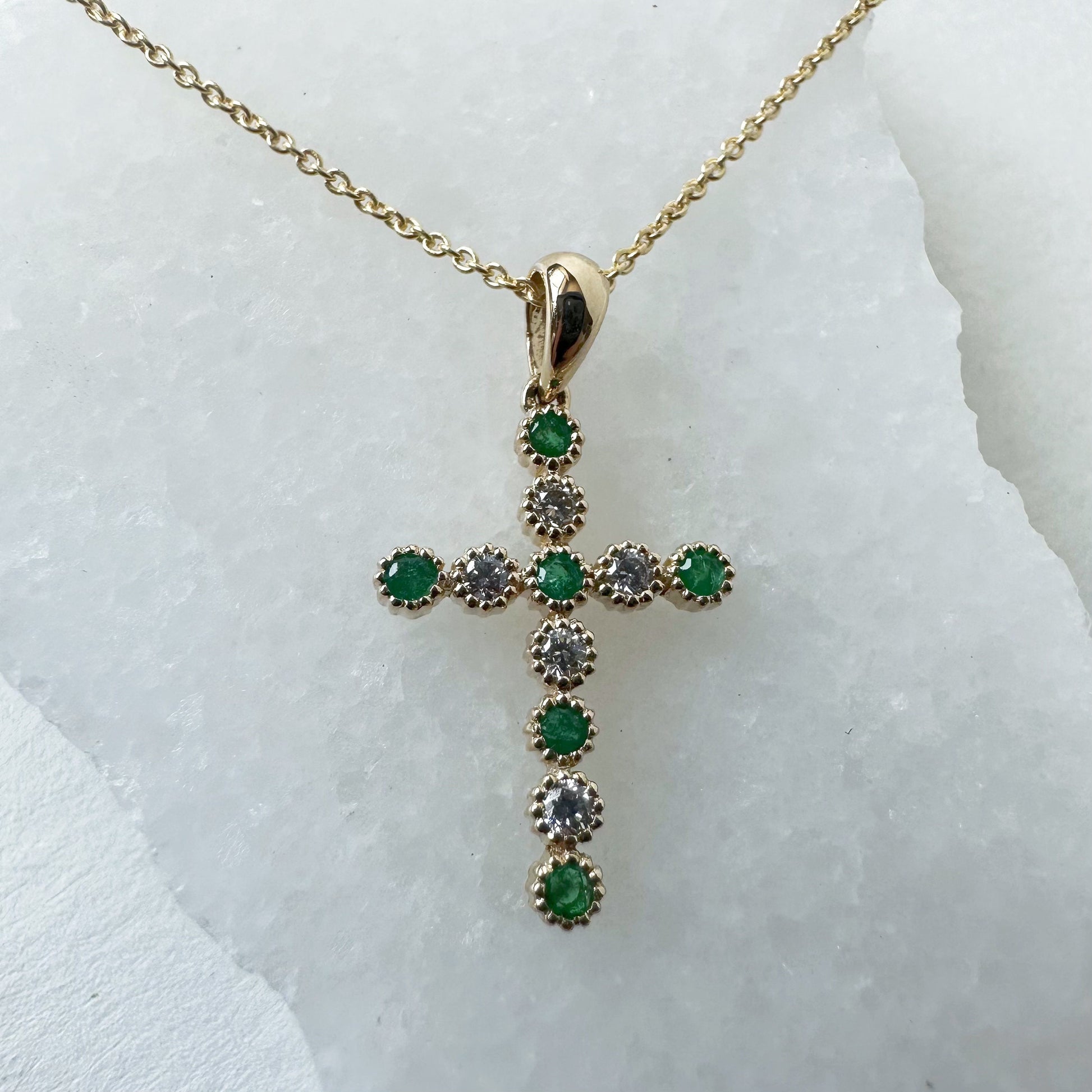 14K Solid Gold Genuine Emerald and Diamond Bezel Cross Pendant