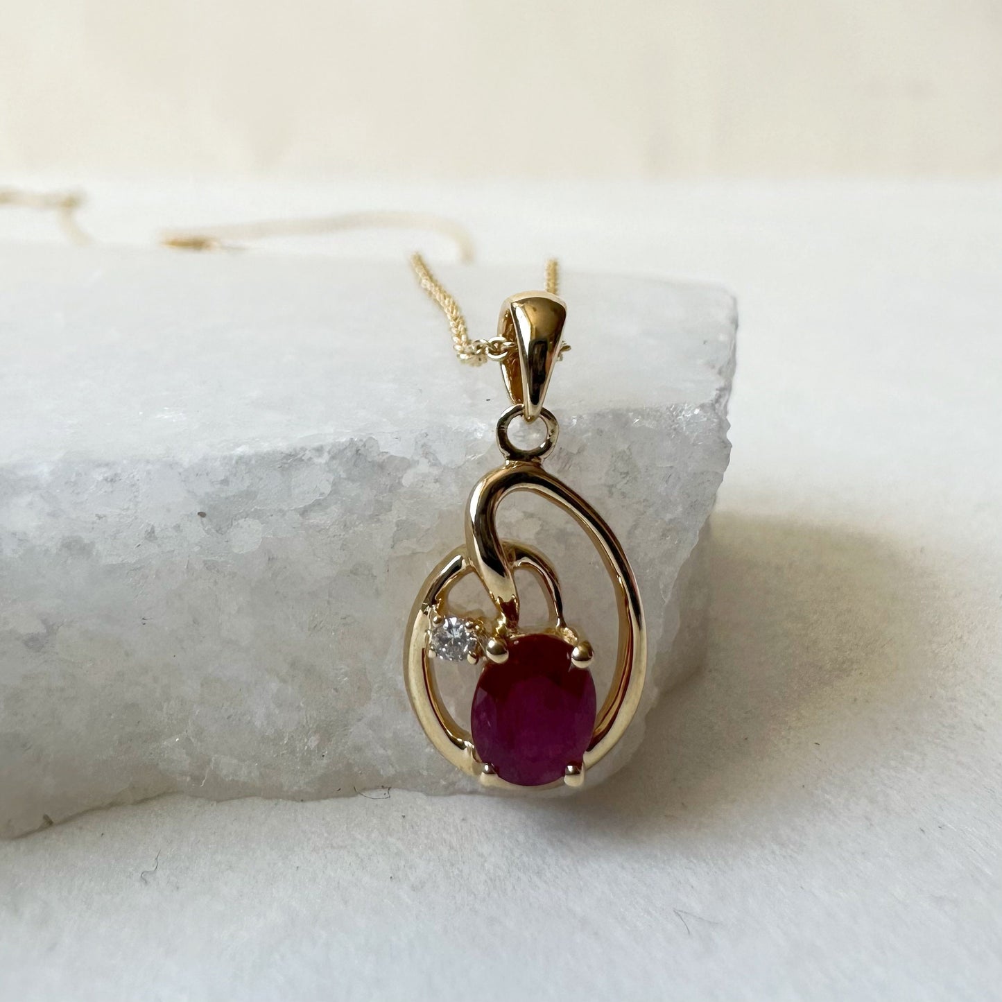 14K Solid Yellow Gold Genuine Ruby and Diamond Pendant