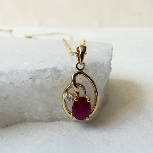 14K Solid Yellow Gold Genuine Ruby and Diamond Pendant
