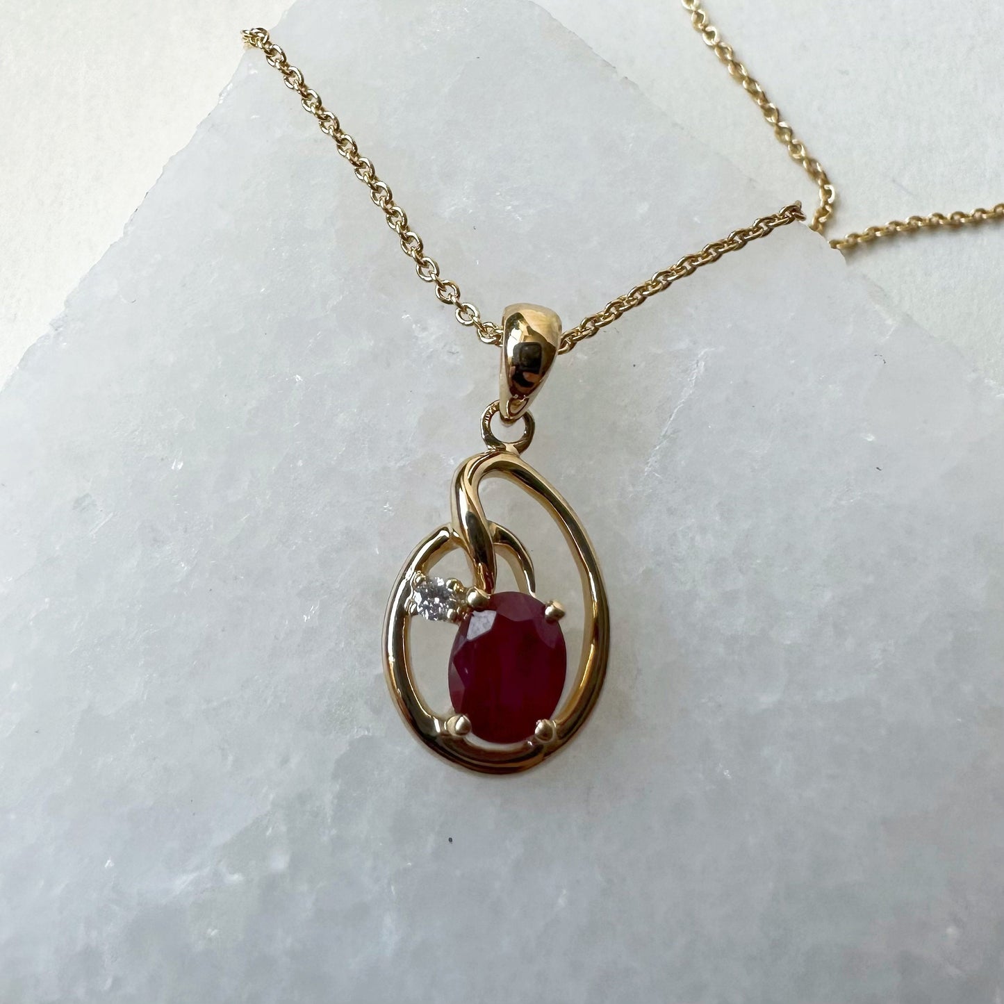 14K Solid Yellow Gold Genuine Ruby and Diamond Pendant
