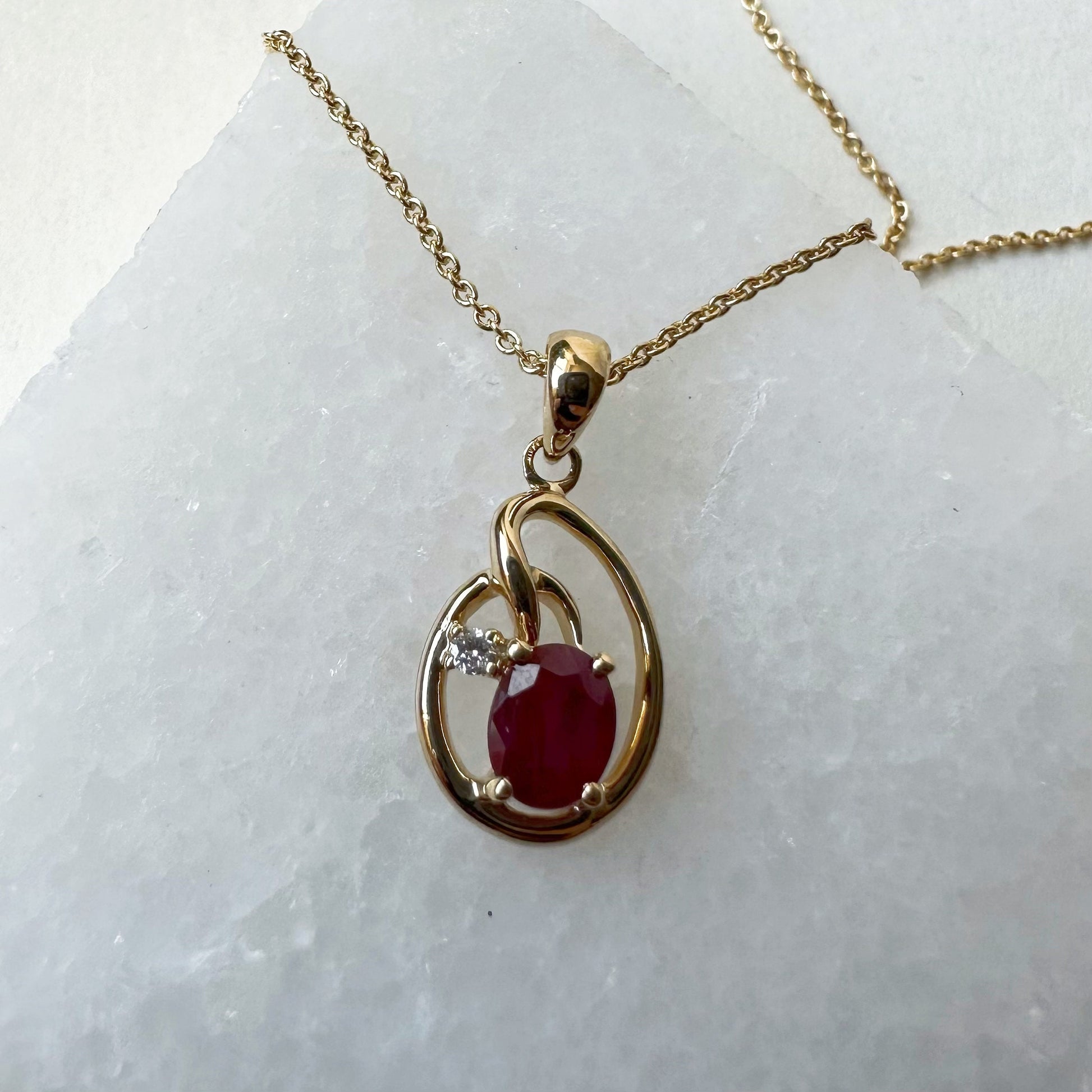 14K Solid Yellow Gold Genuine Ruby and Diamond Pendant