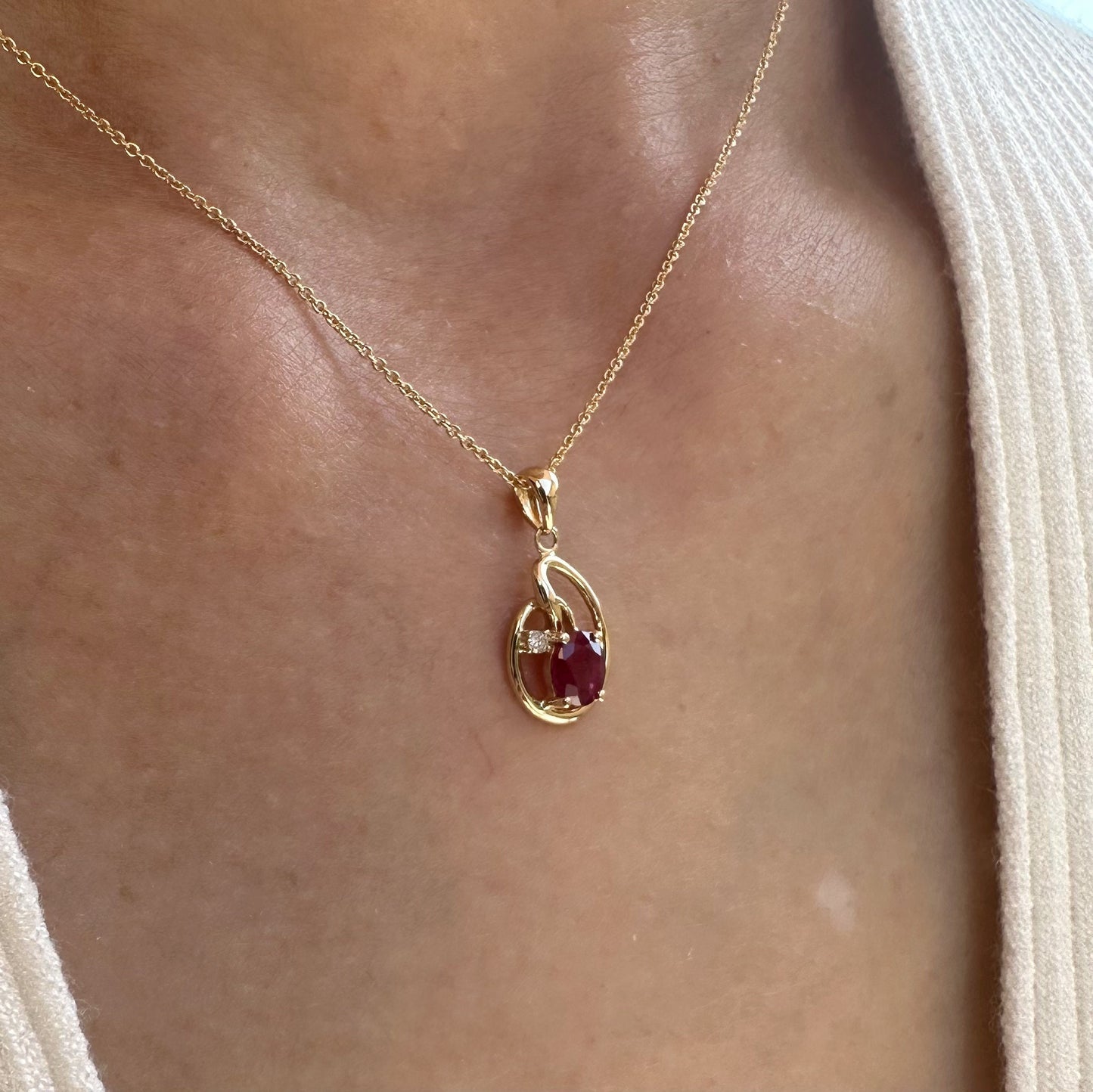 14K Solid Yellow Gold Genuine Ruby and Diamond Pendant