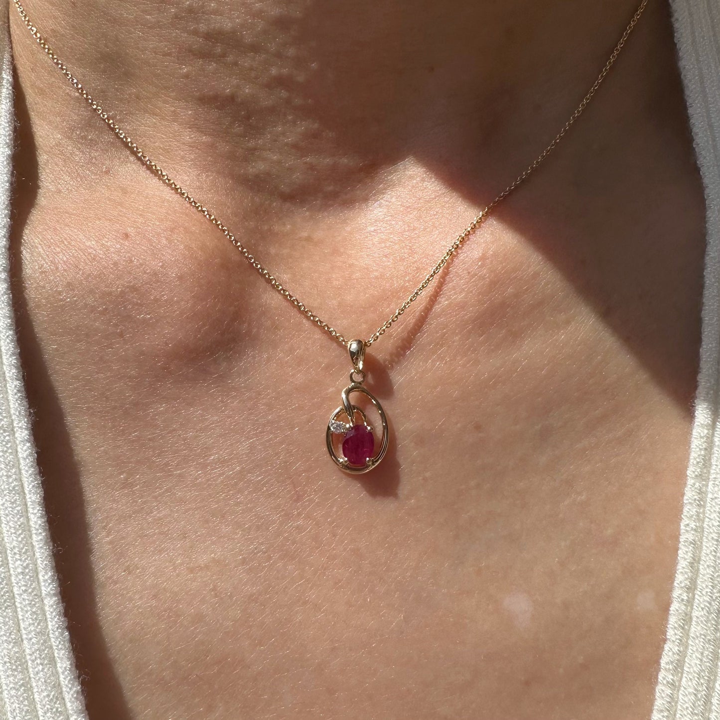 14K Solid Yellow Gold Genuine Ruby and Diamond Pendant