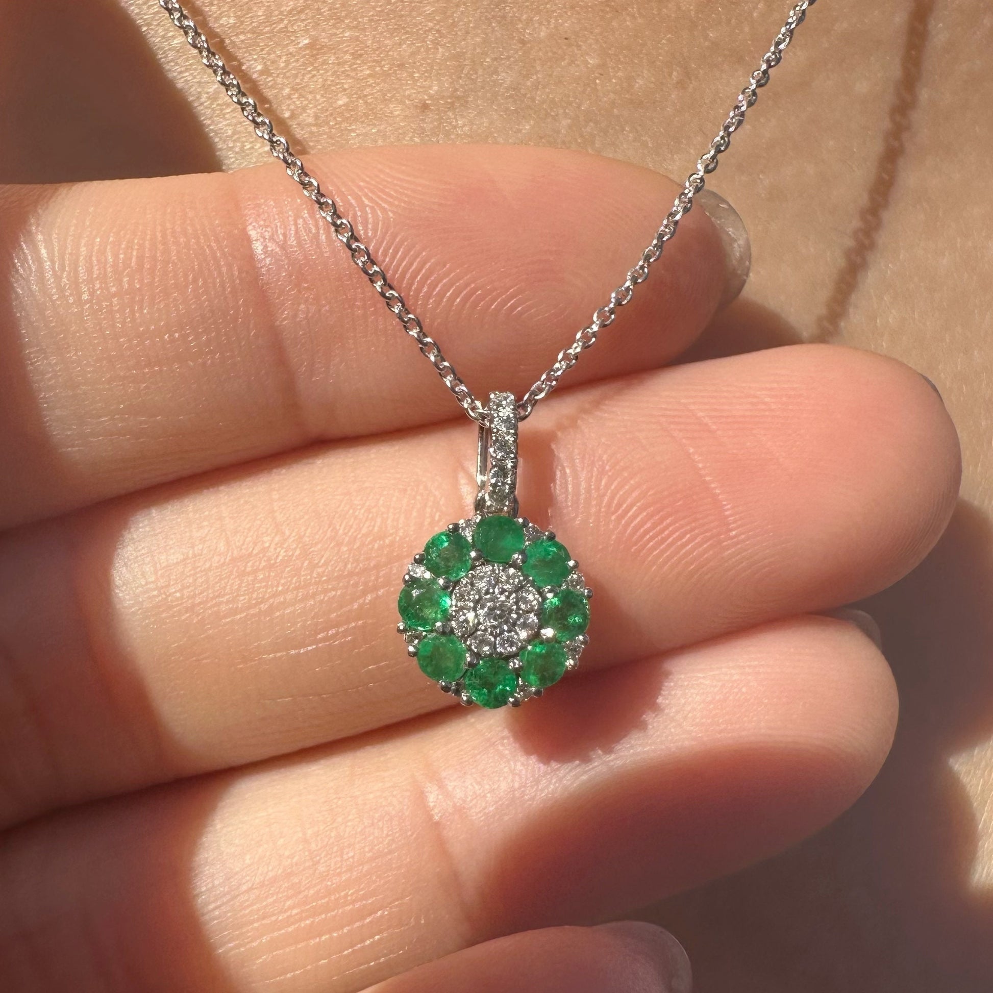 18K Solid White Gold Genuine Emerald and Diamond Flower Pendant