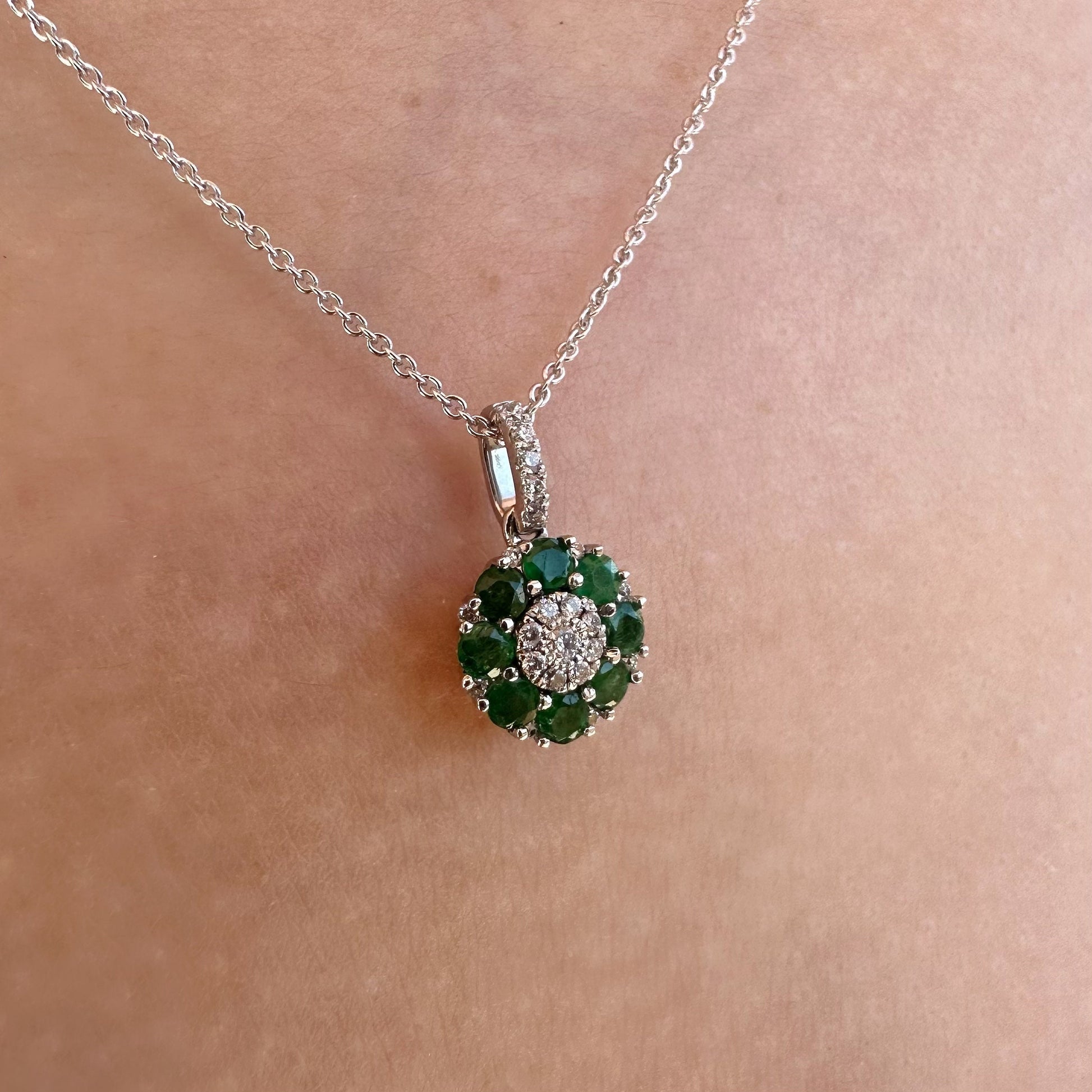 18K Solid White Gold Genuine Emerald and Diamond Flower Pendant