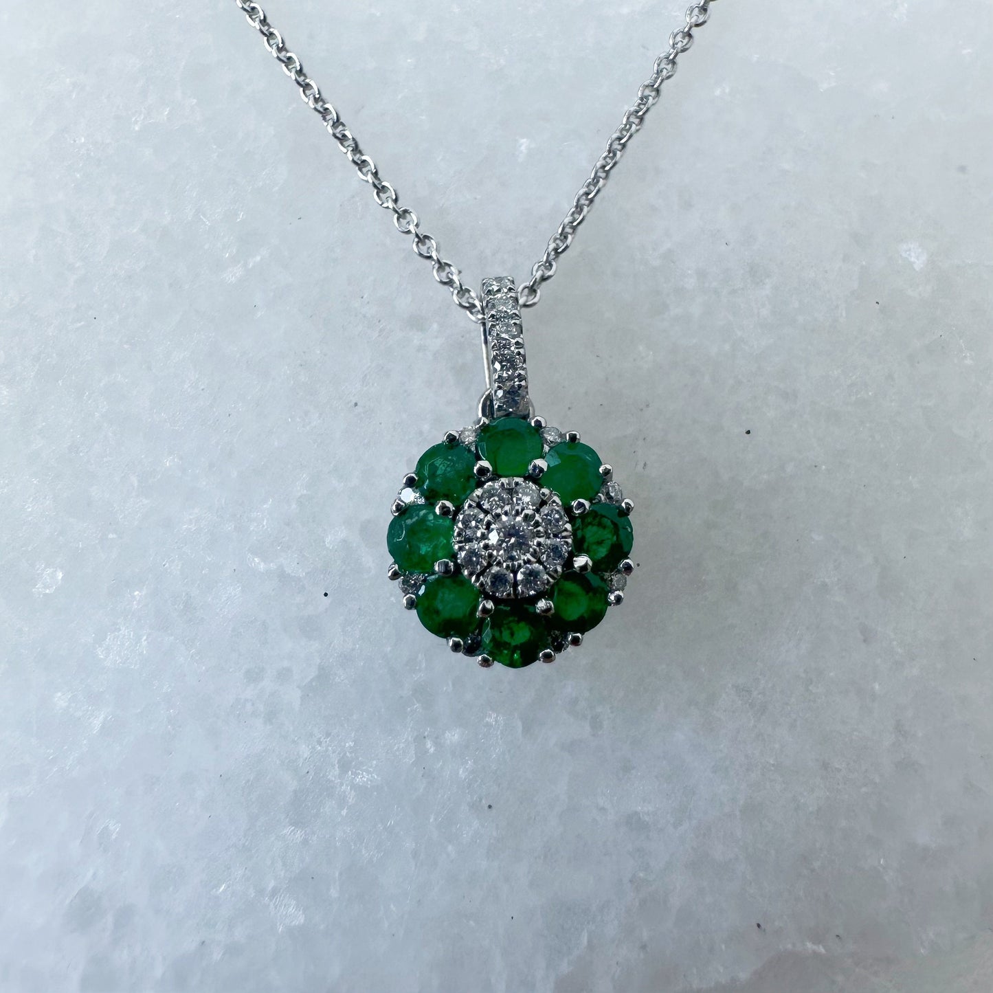 18K Solid White Gold Genuine Emerald and Diamond Flower Pendant