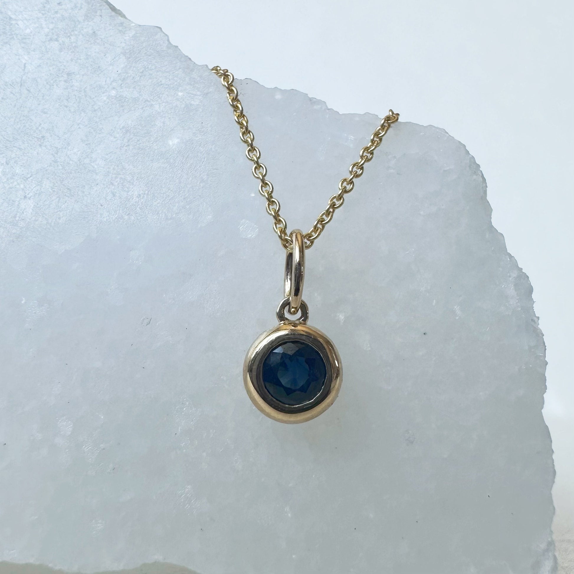 14K Solid Gold Genuine Bezel Sapphire Pendant