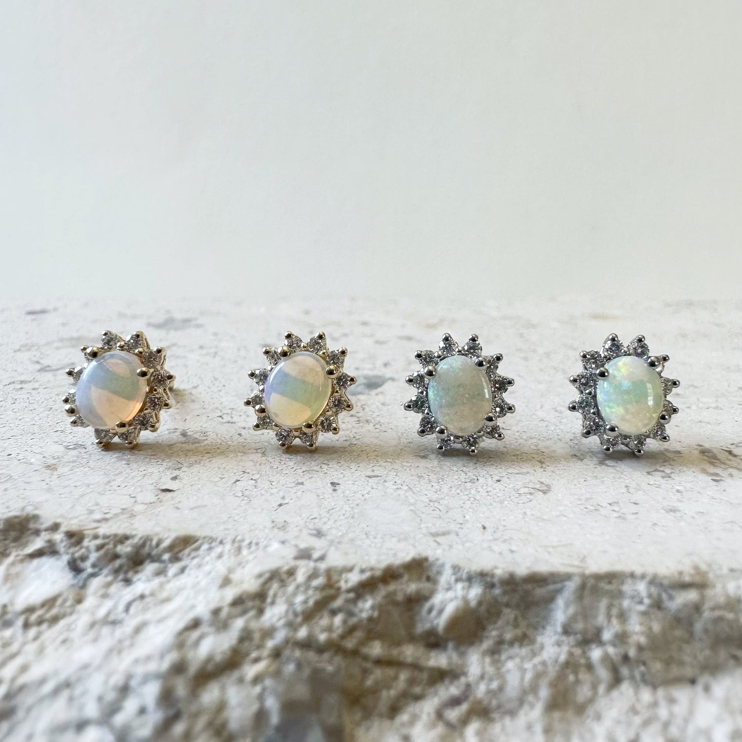 14K Solid Gold Genuine Opal and Diamond Studs