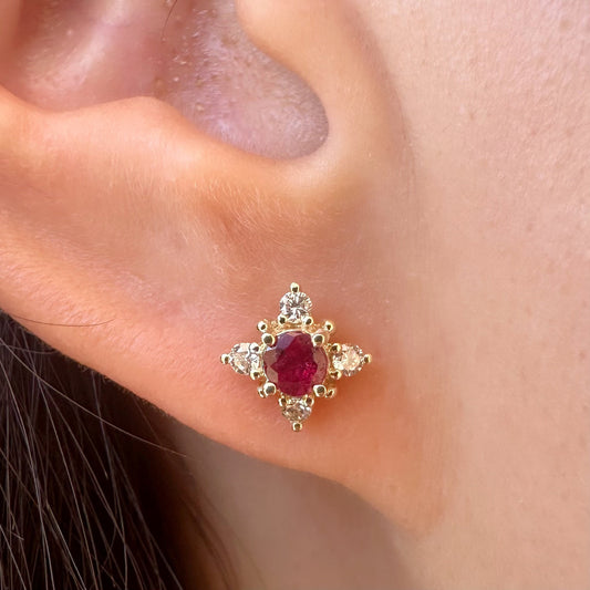 18K Solid White Gold Ruby and Diamond Star Studs/Pair