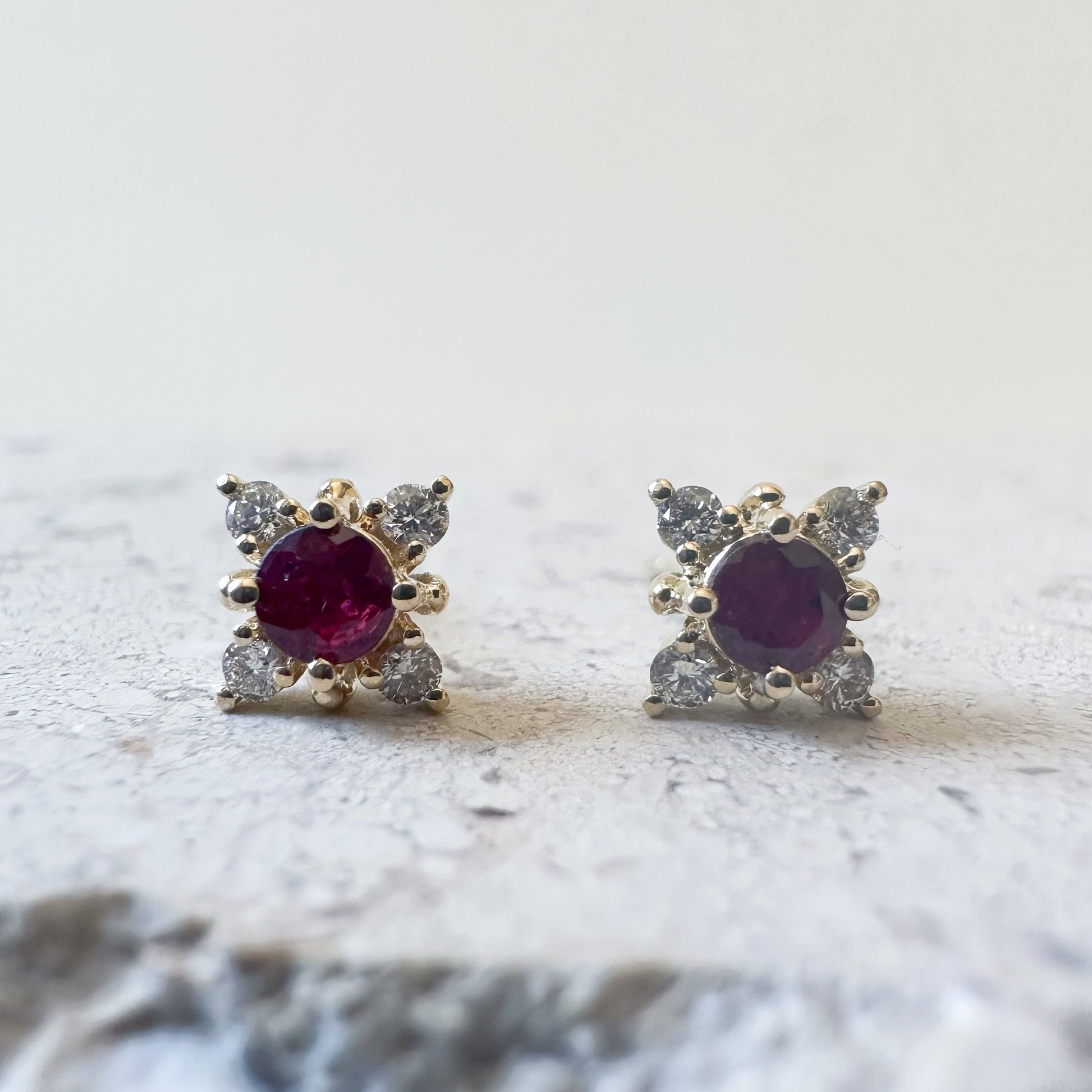 18K Solid White Gold Ruby and Diamond Star Studs/Pair
