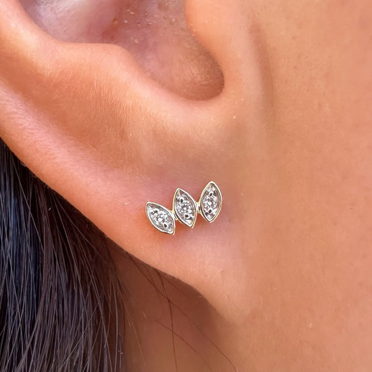 14K Solid Gold Genuine Diamond Bezel Leaf Studs/Pair