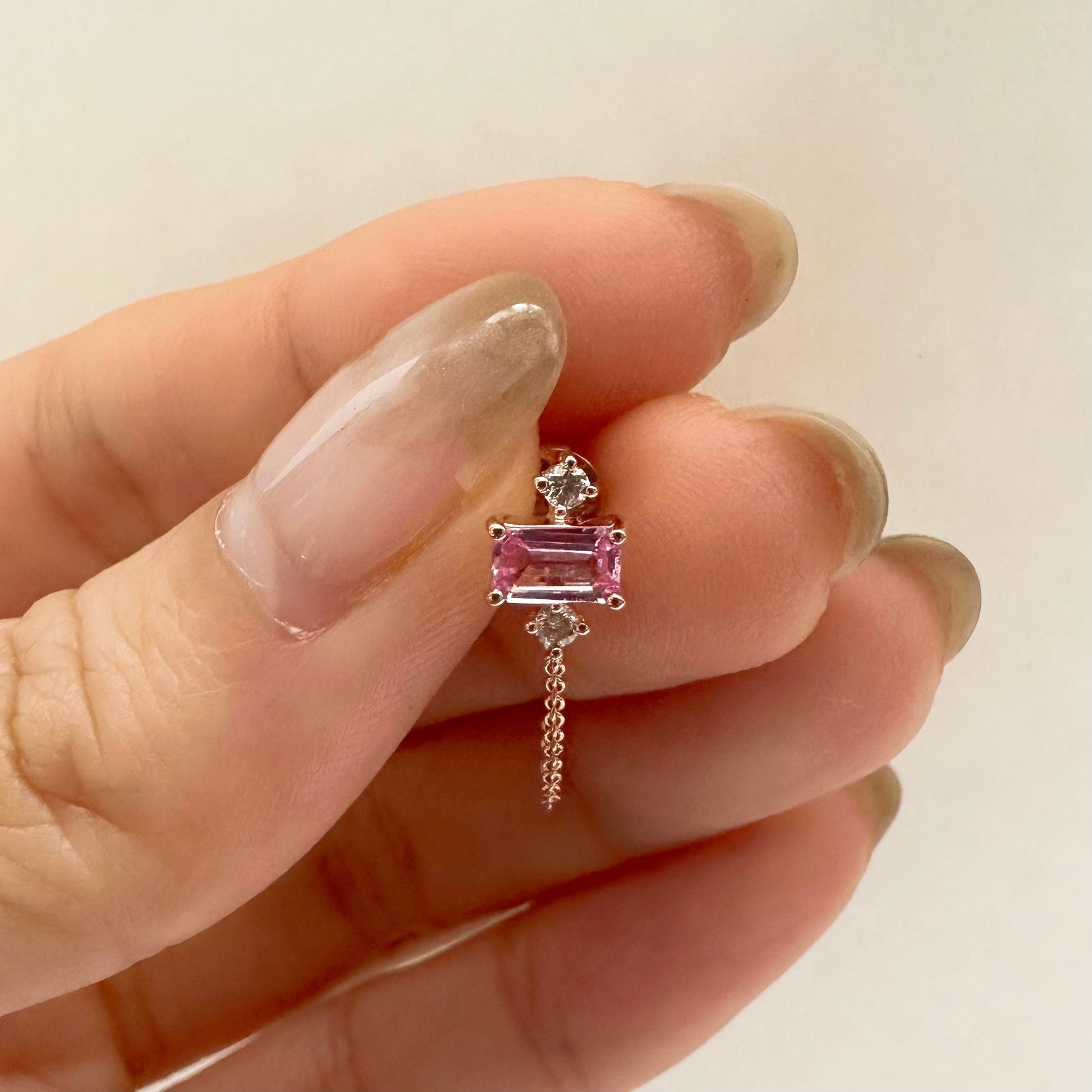 14K Solid Gold Genuine Pink Sapphire and Diamond Chain Earrings