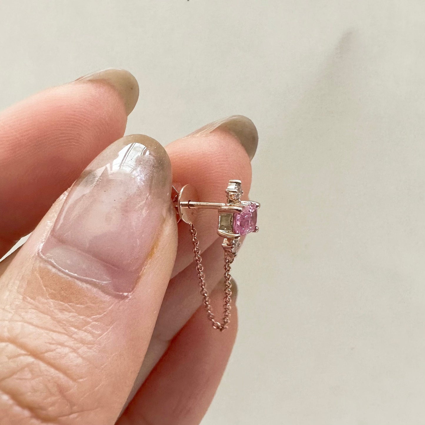 14K Solid Gold Genuine Pink Sapphire and Diamond Chain Earrings