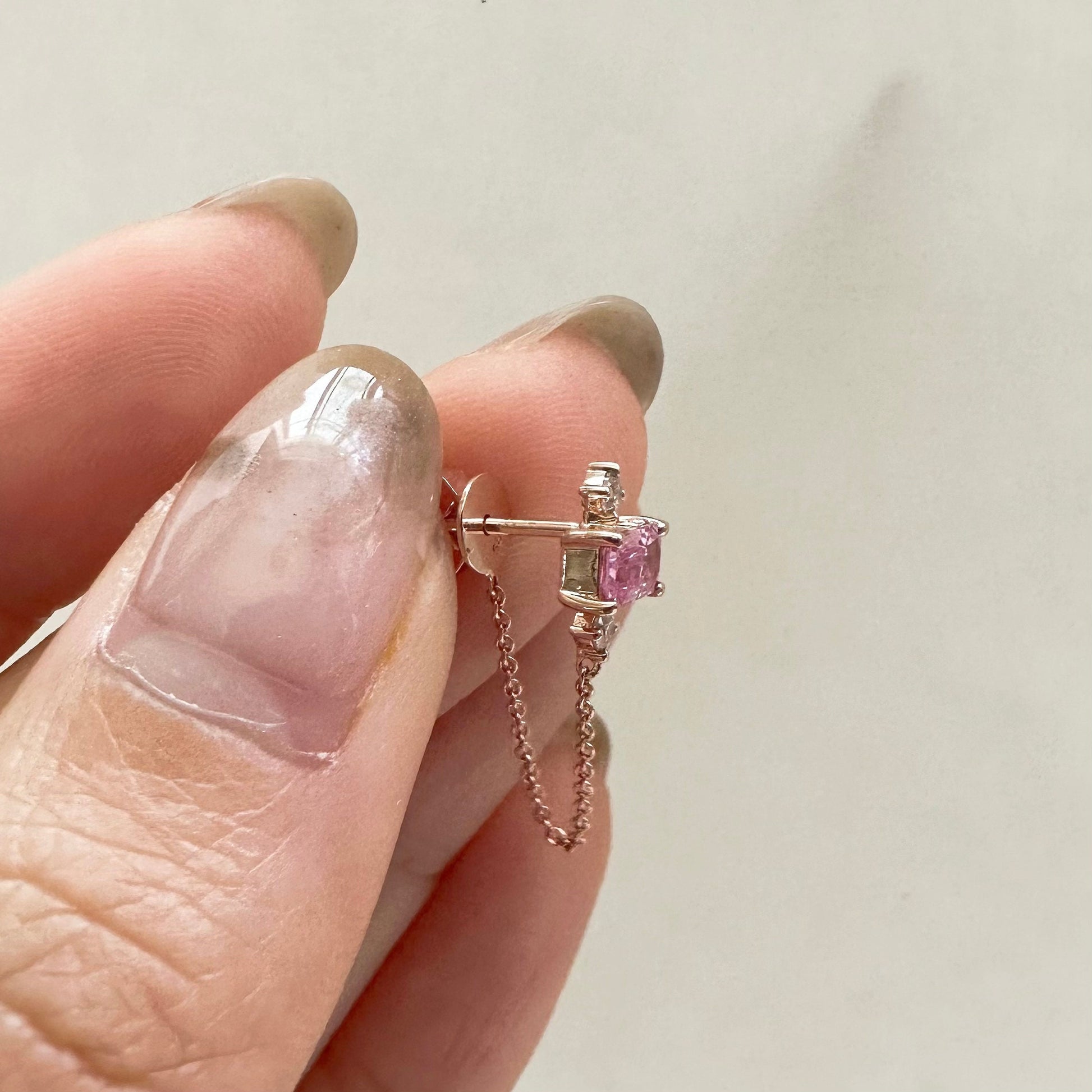 14K Solid Gold Genuine Pink Sapphire and Diamond Chain Earrings