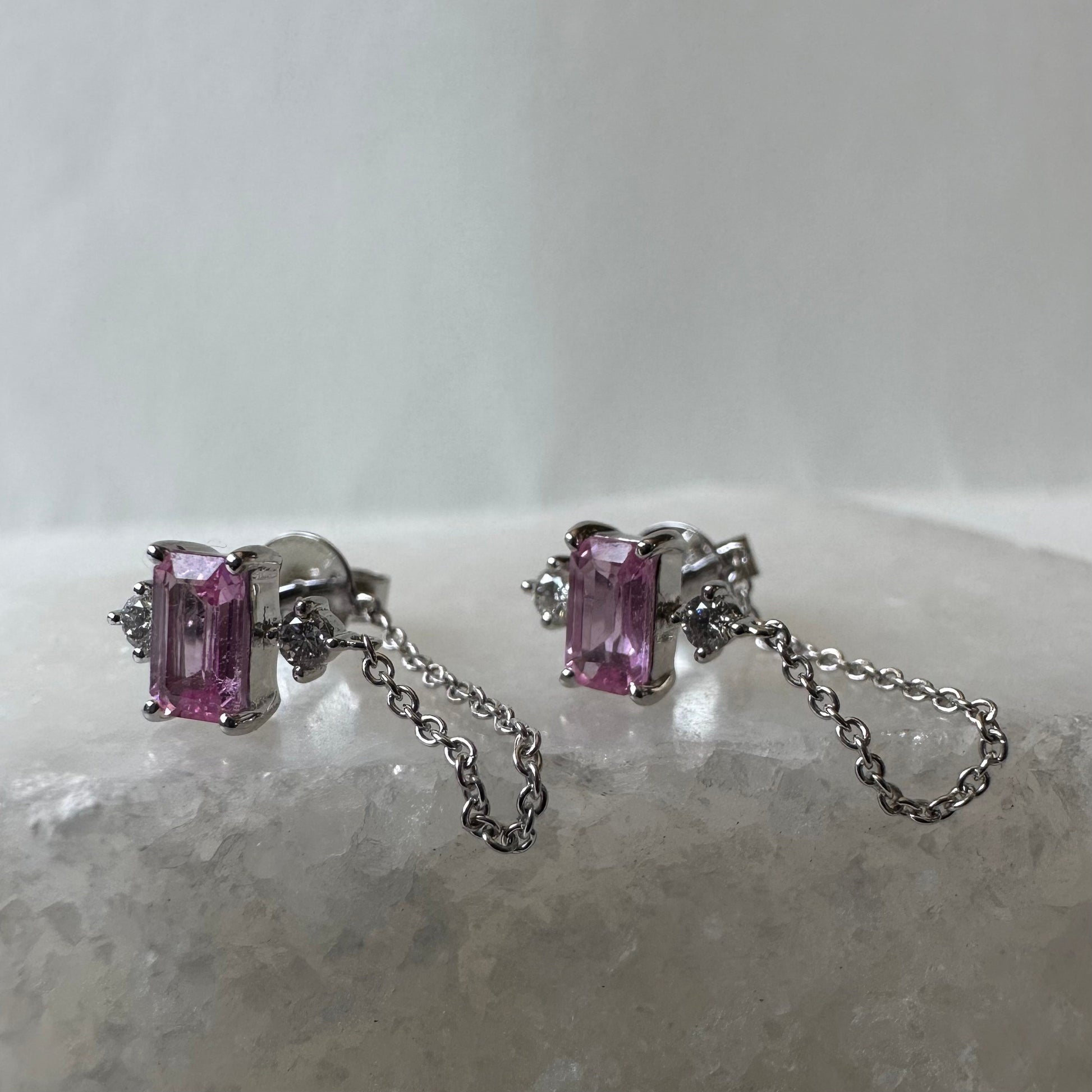 14K Solid Gold Genuine Pink Sapphire and Diamond Chain Earrings