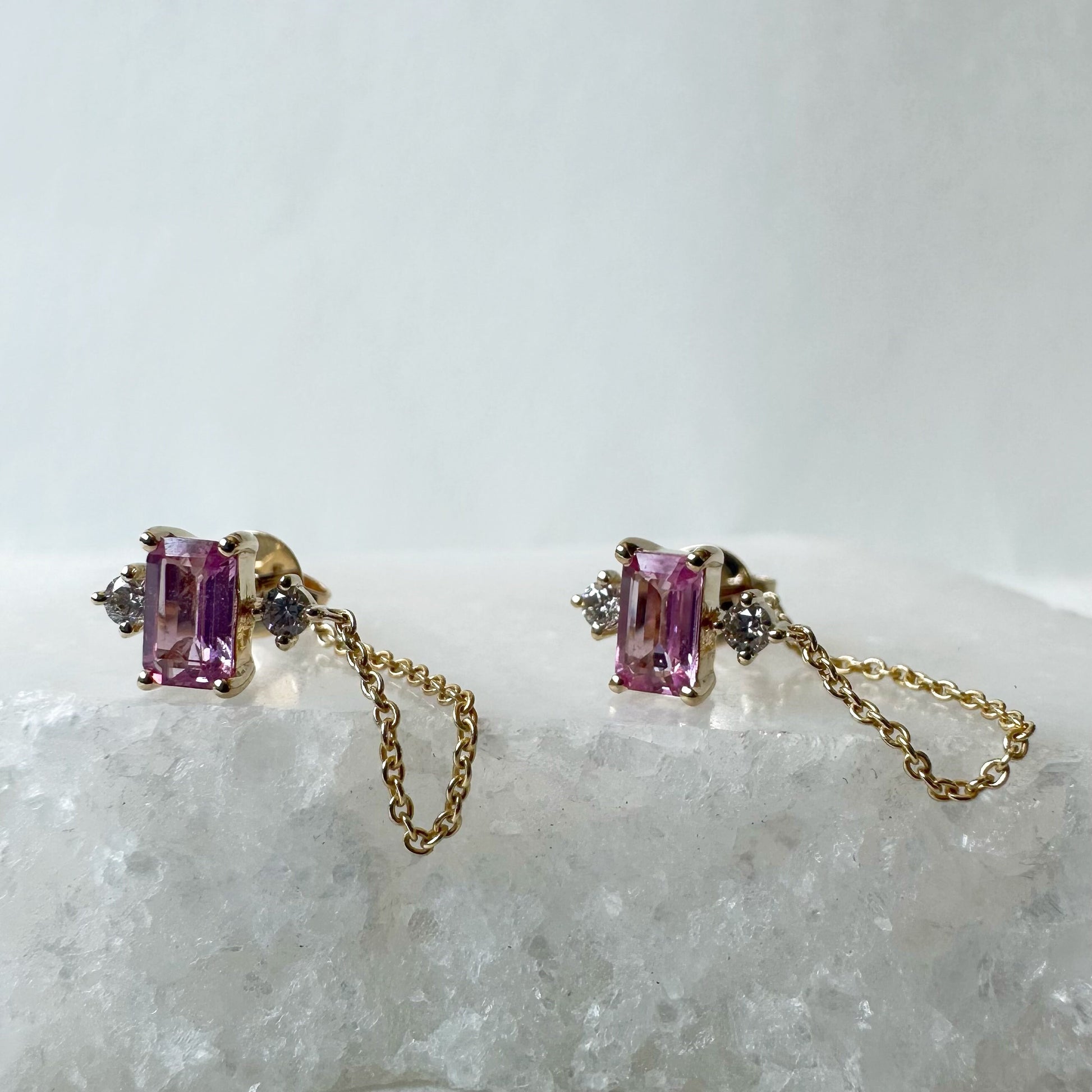 14K Solid Gold Genuine Pink Sapphire and Diamond Chain Earrings
