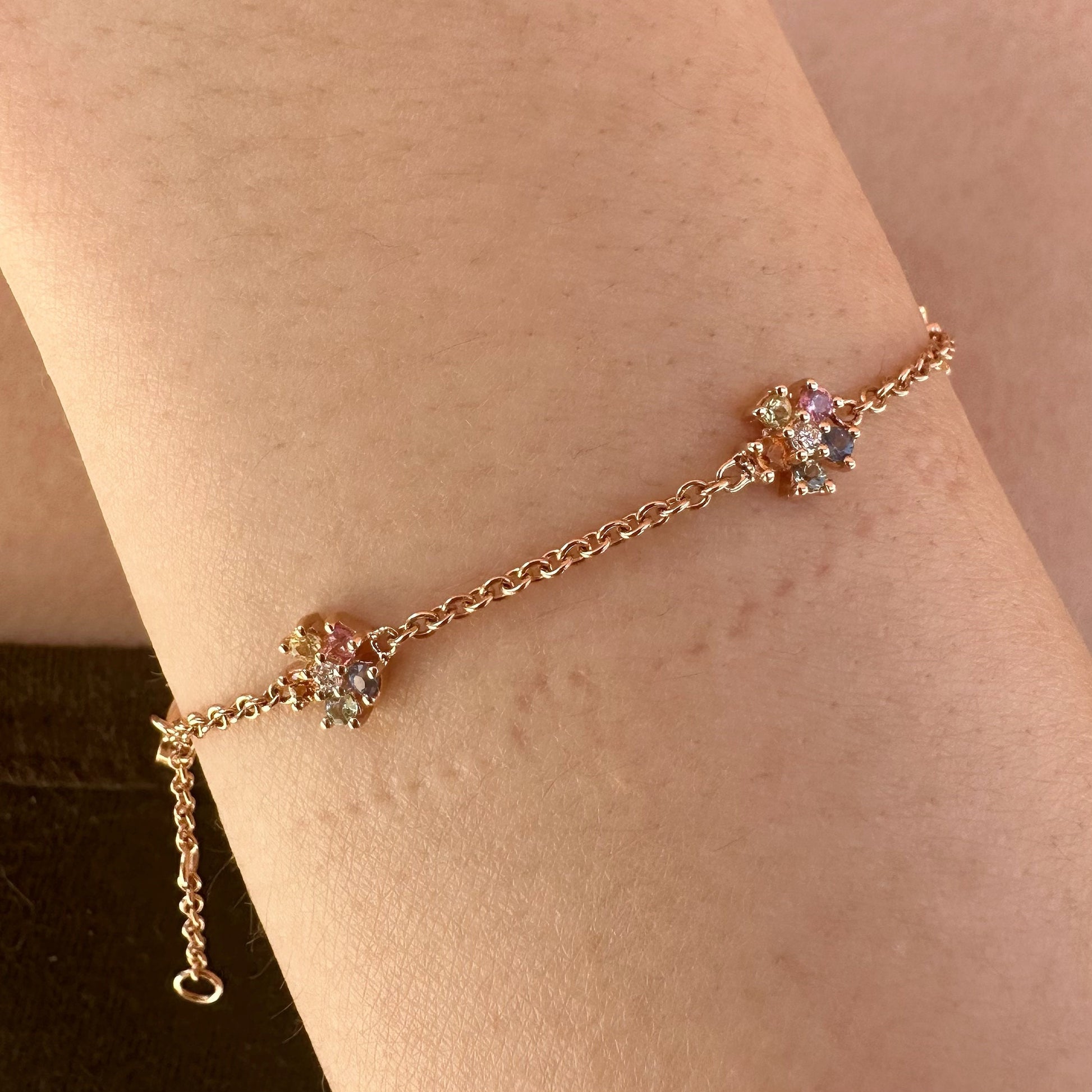 18K Solid Rose Gold Genuine Color Sapphire and Diamond Flowers Bracelet