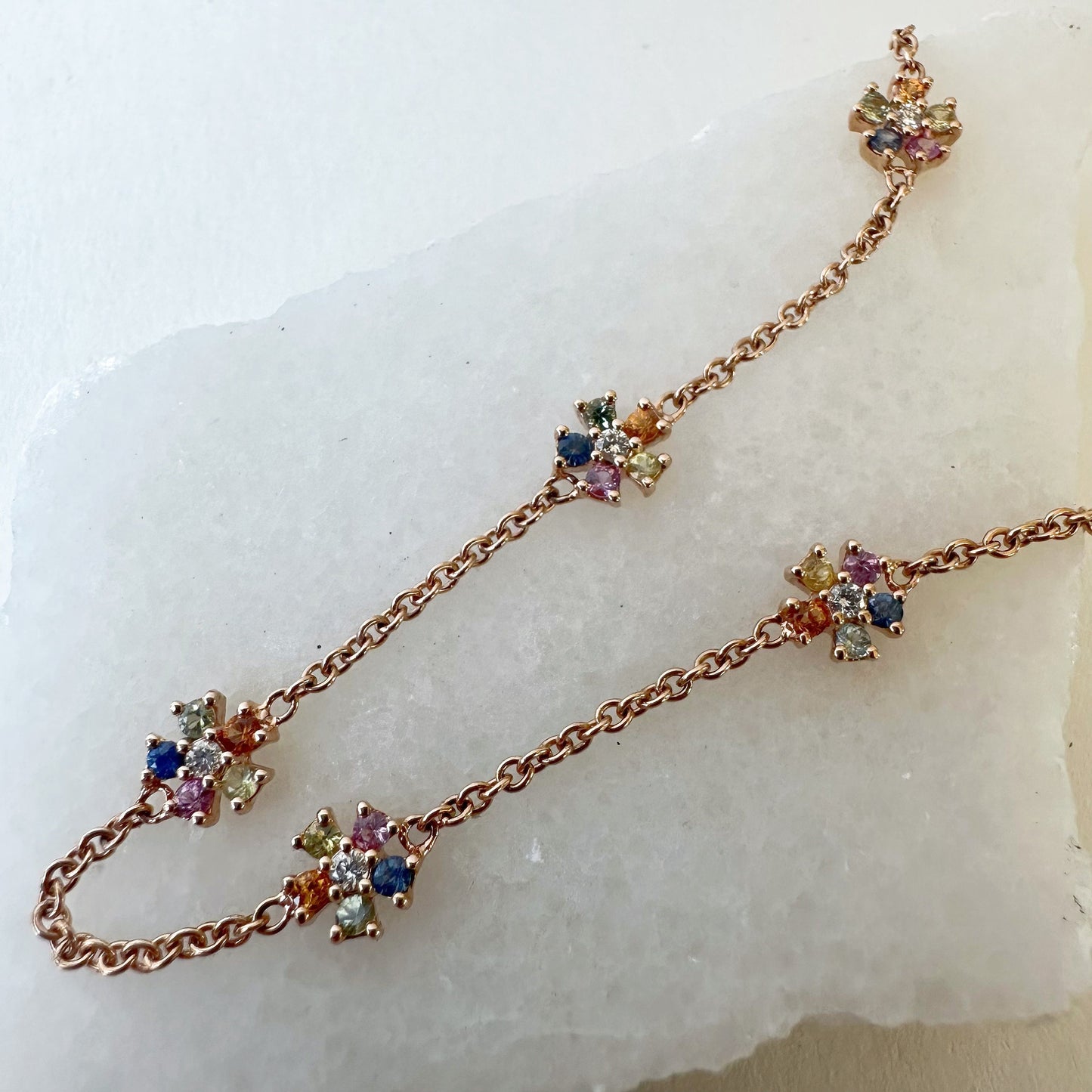 18K Solid Rose Gold Genuine Color Sapphire and Diamond Flowers Bracelet