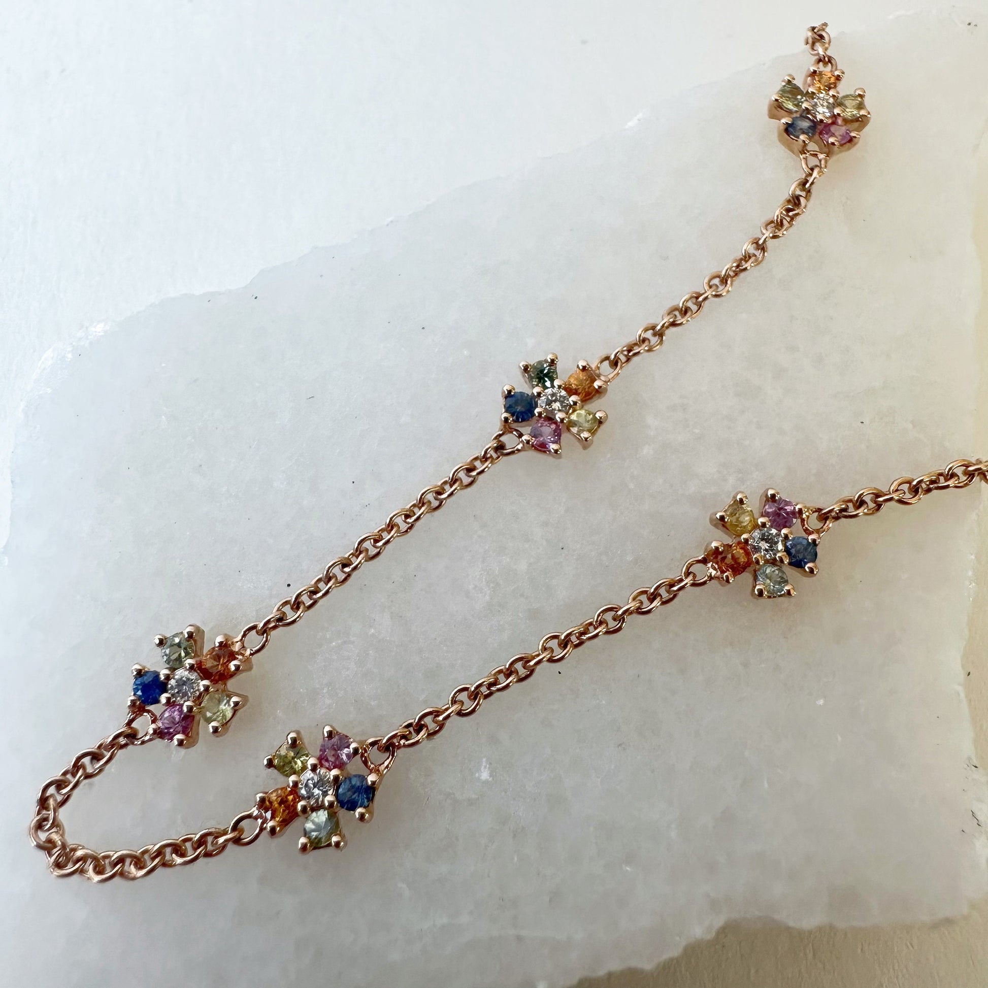 18K Solid Rose Gold Genuine Color Sapphire and Diamond Flowers Bracelet