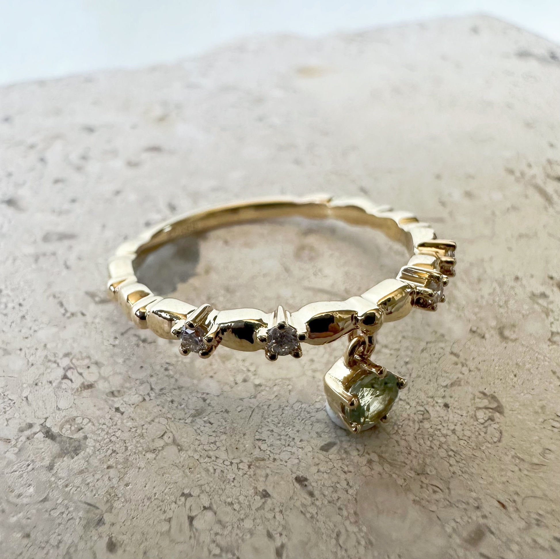 14K Solid Gold Genuine Green Sapphire and Diamond Dangle Ring