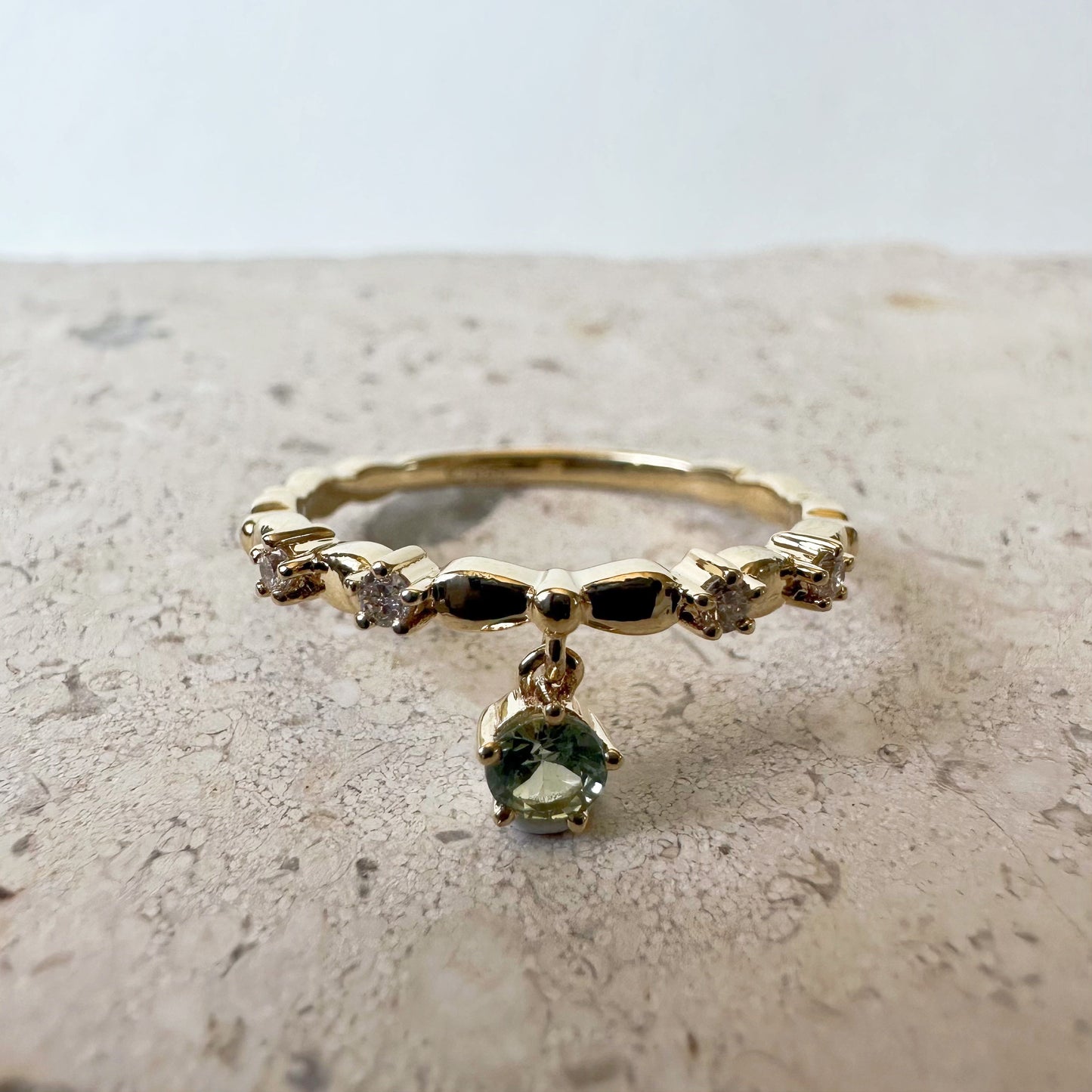 14K Solid Gold Genuine Green Sapphire and Diamond Dangle Ring