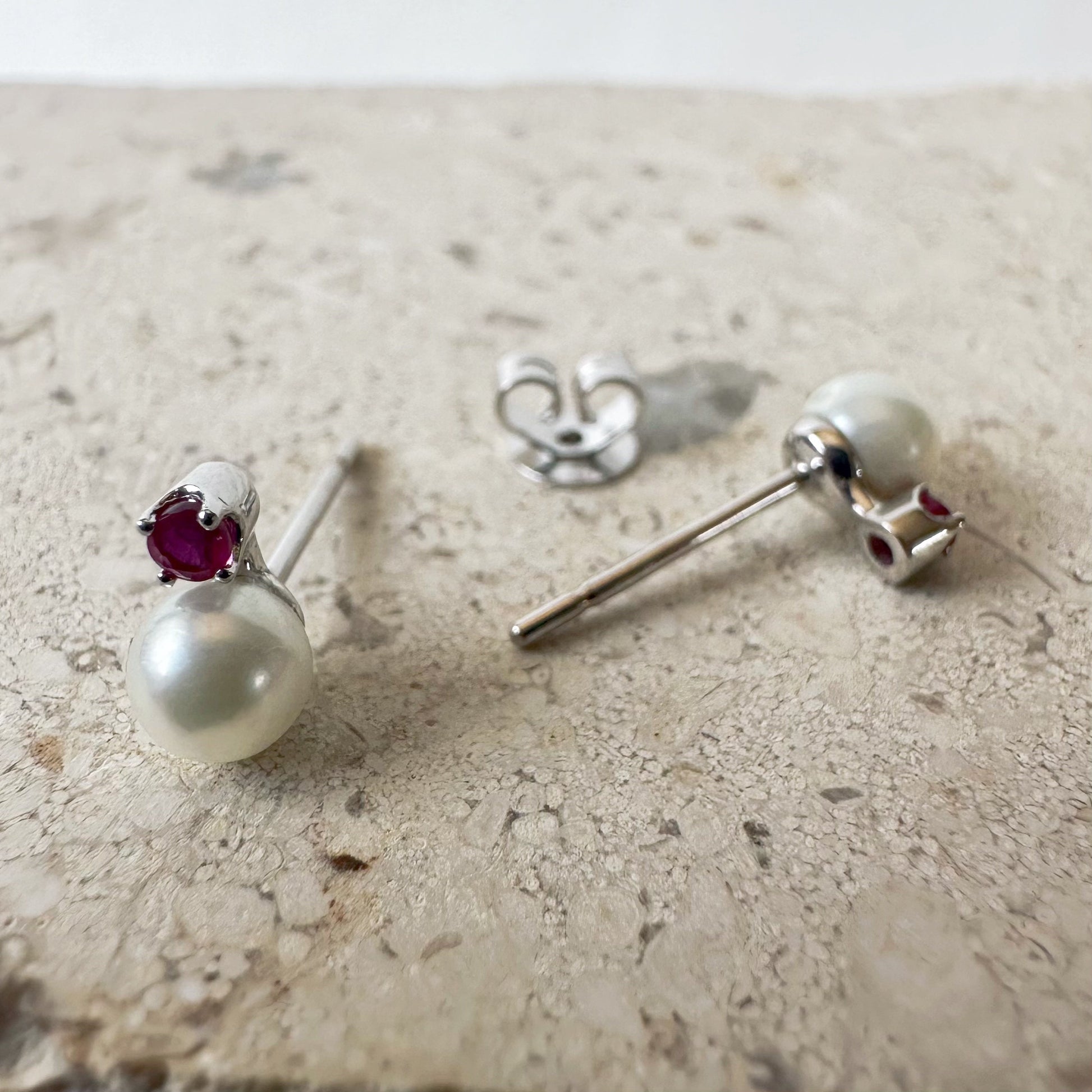 14K Solid Gold Genuine Akoya Pearl and Ruby Studs/Pair