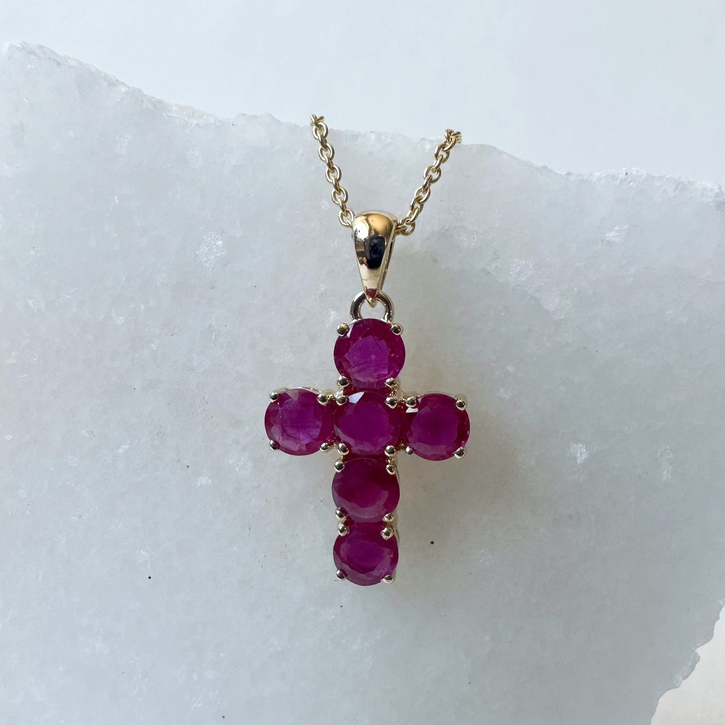 14K Solid Gold Genuine Round Ruby Cross Pendant