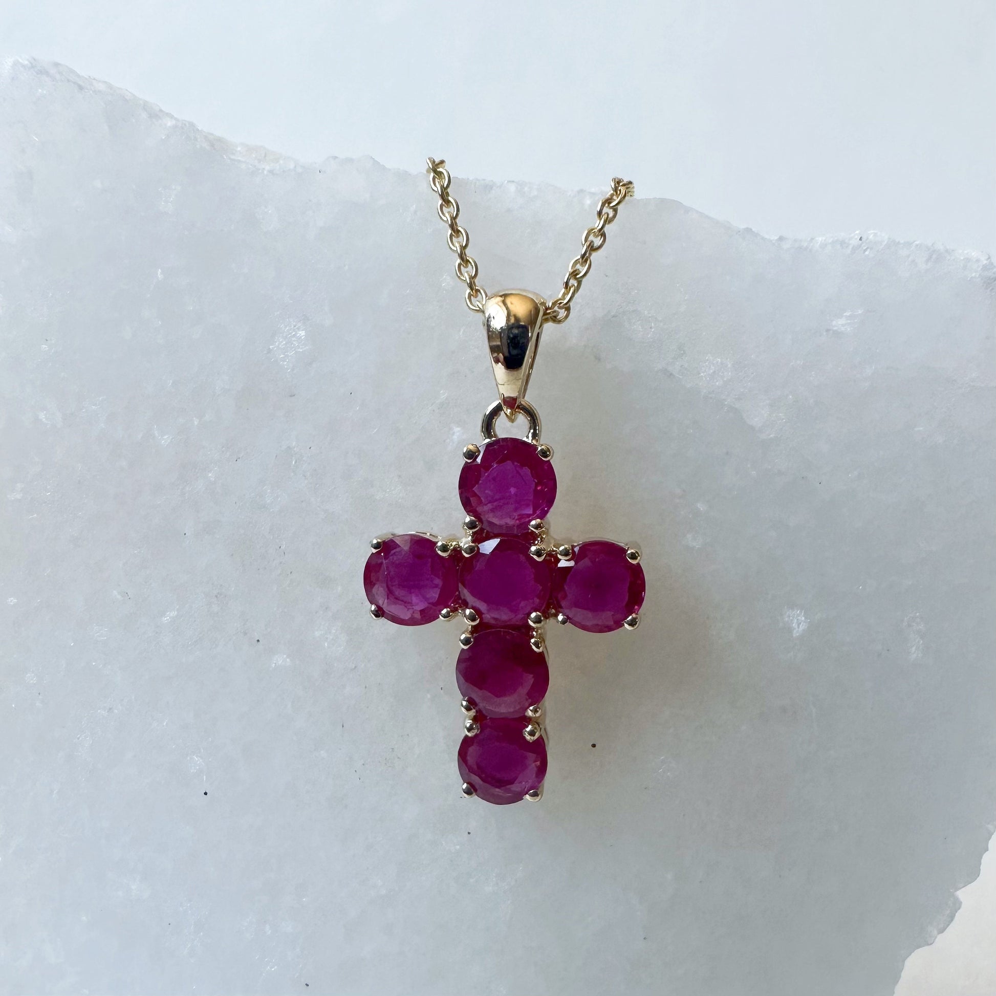 14K Solid Gold Genuine Round Ruby Cross Pendant