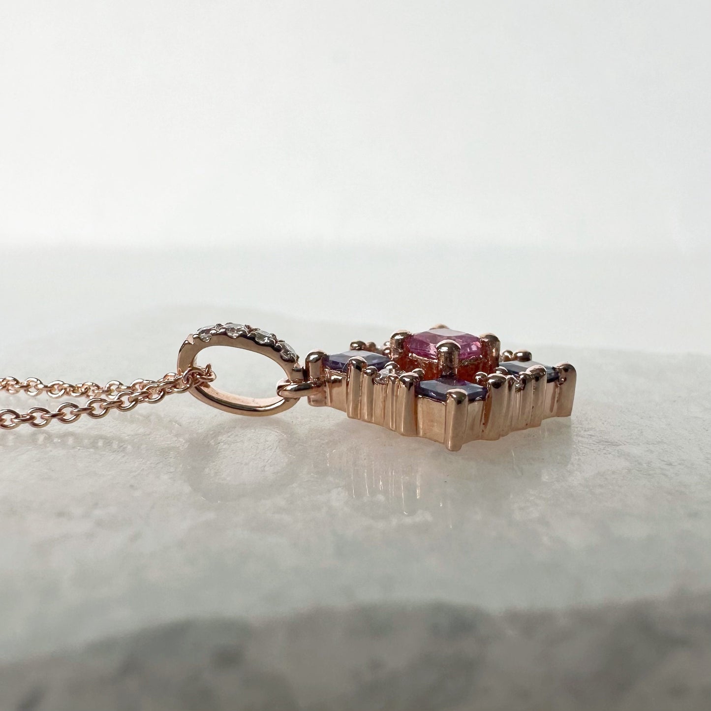 14K Solid Gold Genuine Color Sapphire and Diamond Tetris Pendant