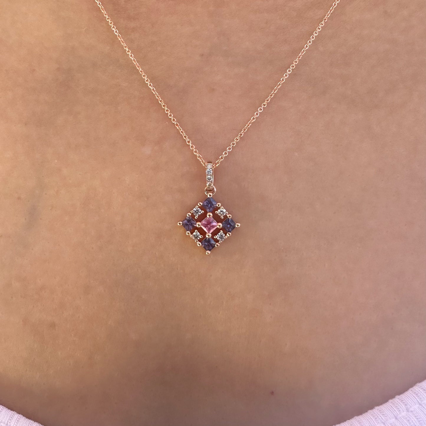 14K Solid Gold Genuine Color Sapphire and Diamond Tetris Pendant