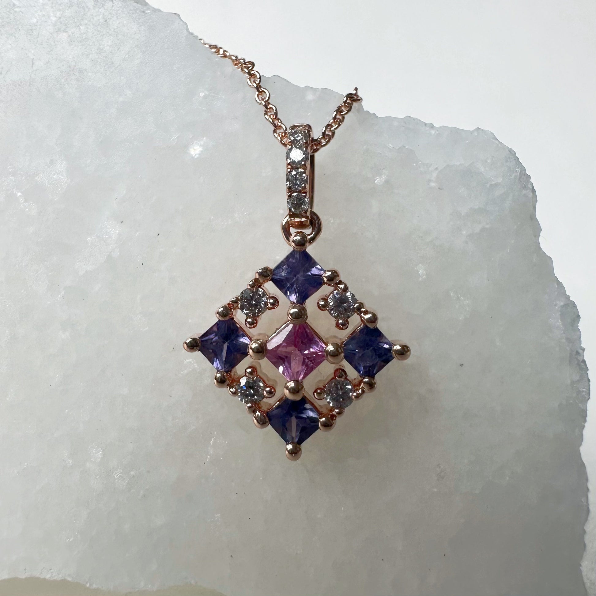 14K Solid Gold Genuine Color Sapphire and Diamond Tetris Pendant