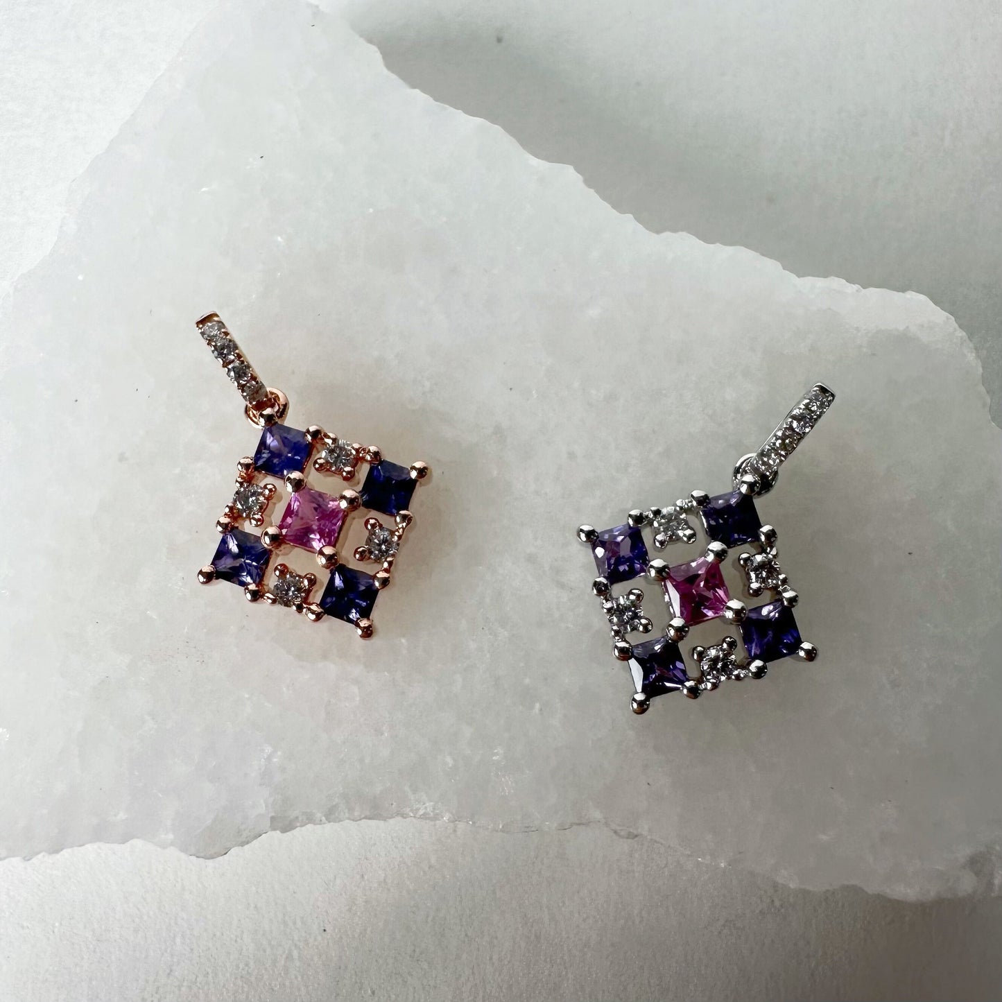 14K Solid Gold Genuine Color Sapphire and Diamond Tetris Pendant