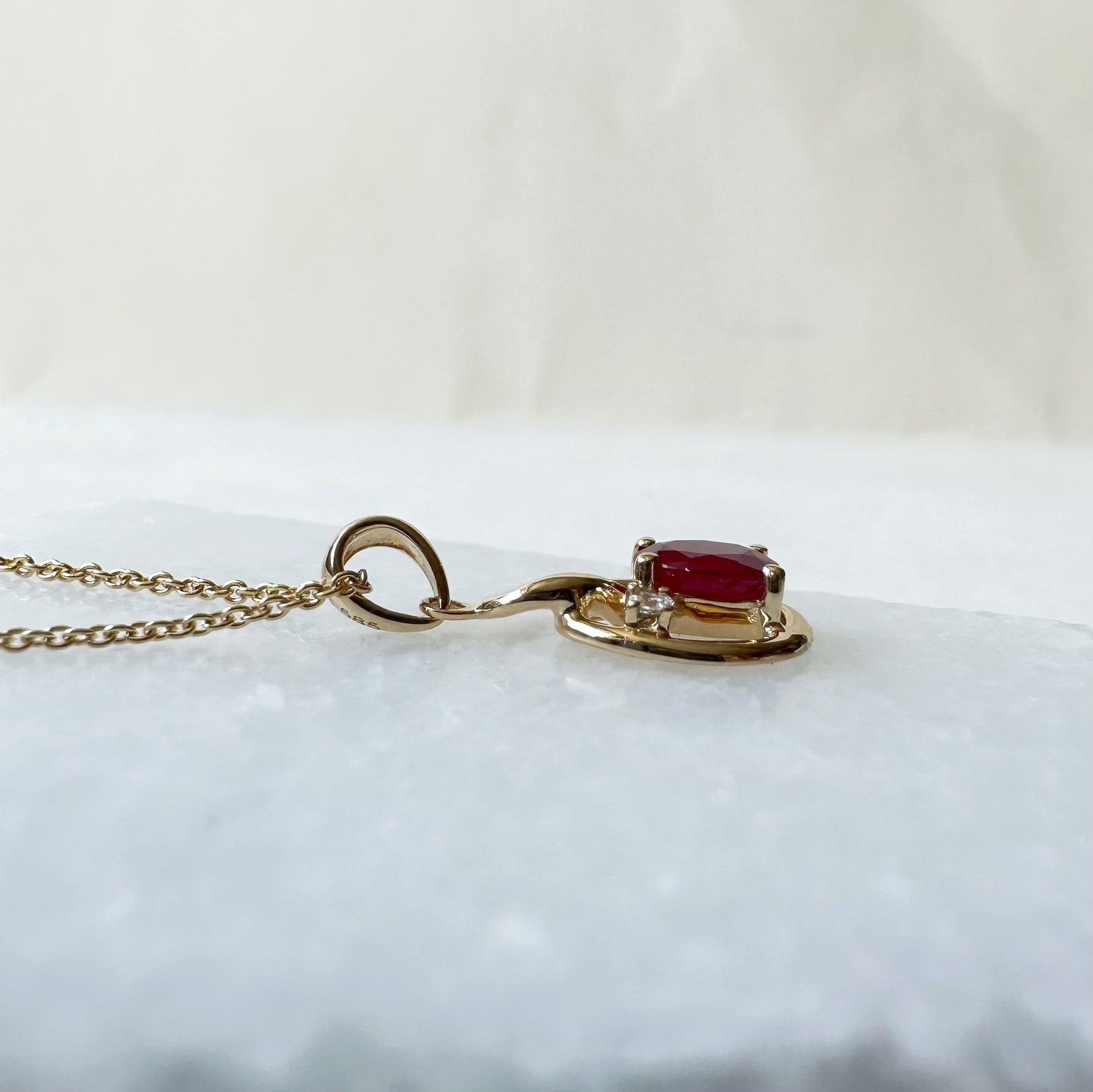 14K Solid Yellow Gold Genuine Ruby and Diamond Pendant