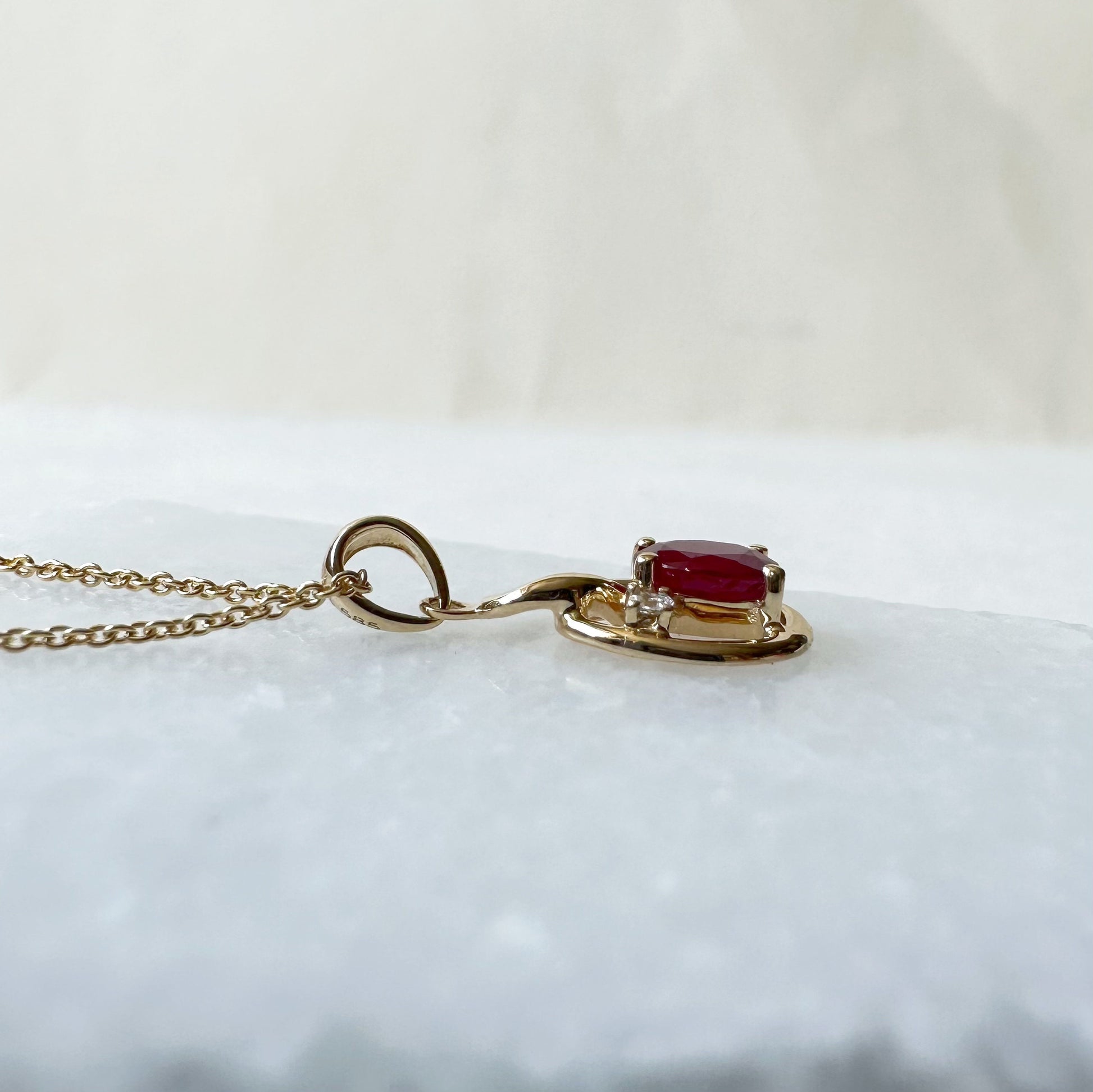 14K Solid Yellow Gold Genuine Ruby and Diamond Pendant