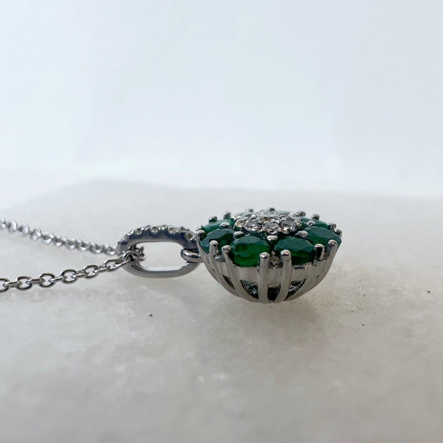 18K Solid White Gold Genuine Emerald and Diamond Flower Pendant