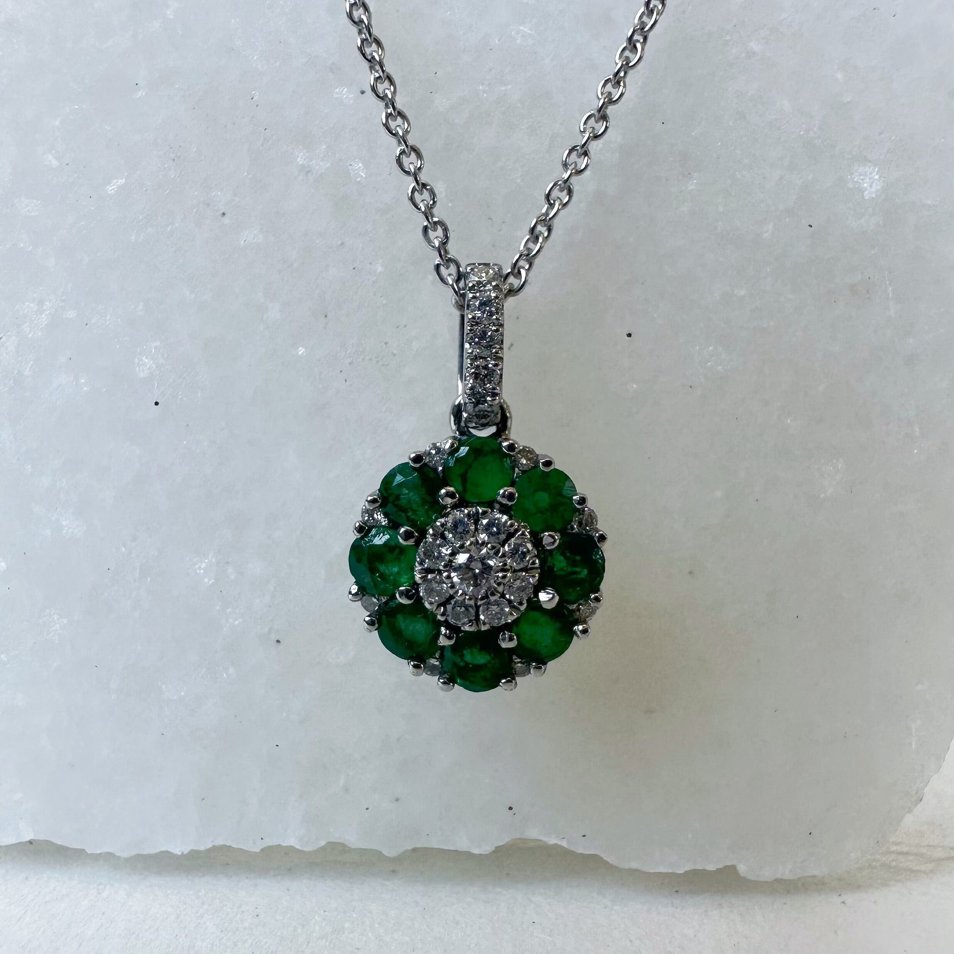 14K Solid White Gold Genuine Emerald and Diamond Flower Pendant