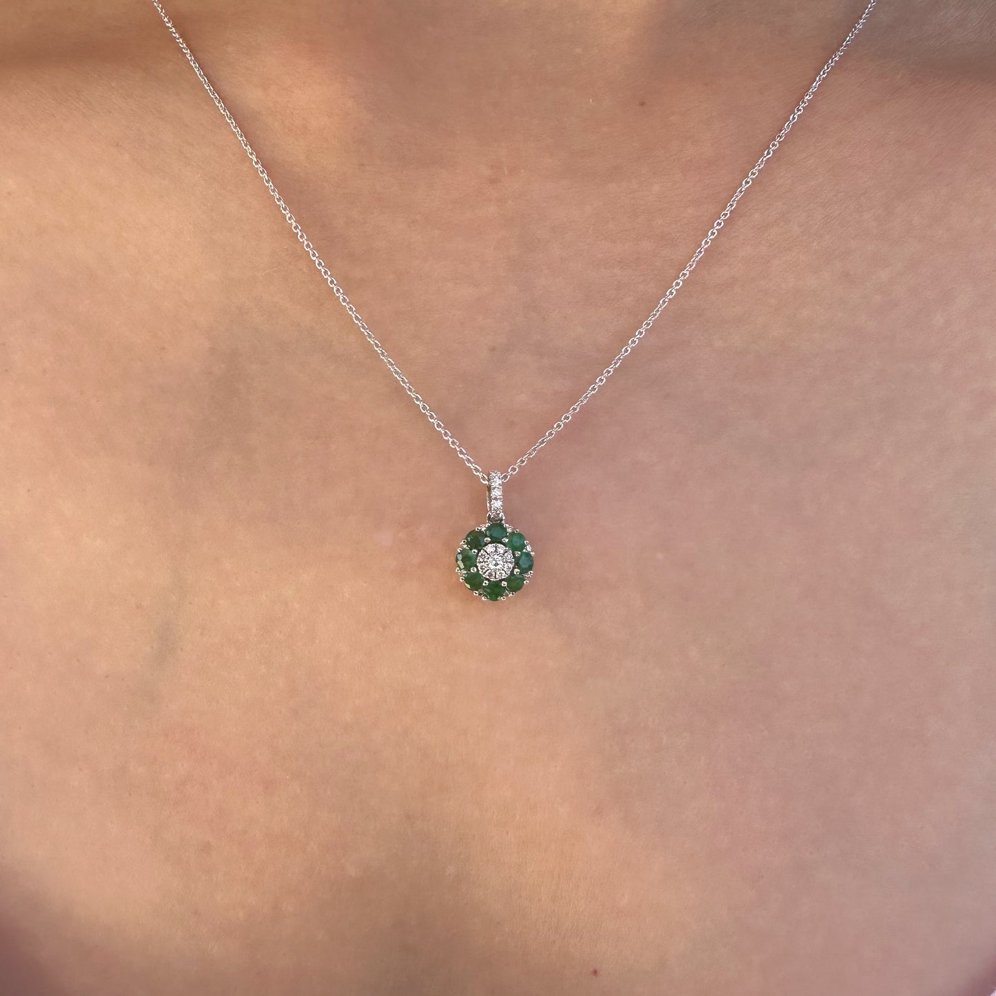 14K Solid White Gold Genuine Emerald and Diamond Flower Pendant