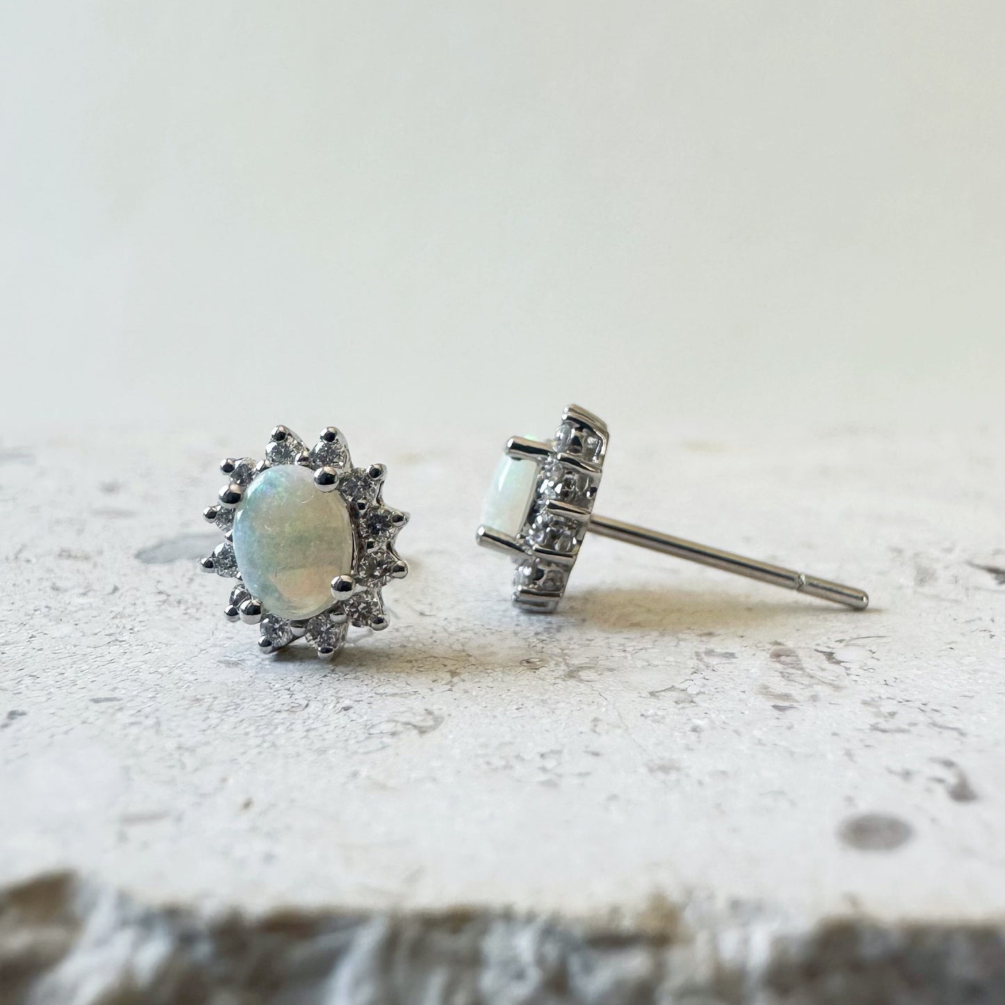 14K Solid Gold Genuine Opal and Diamond Studs